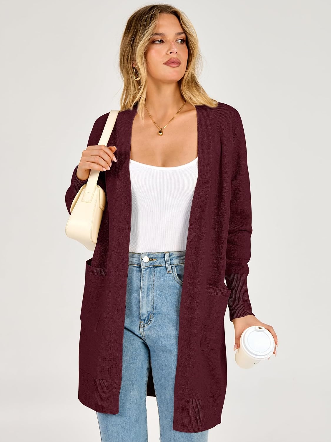image:imageANRABESS Womens Lightweight Long Cardigan Sweaters 2026 Fall OutfitsWine Red