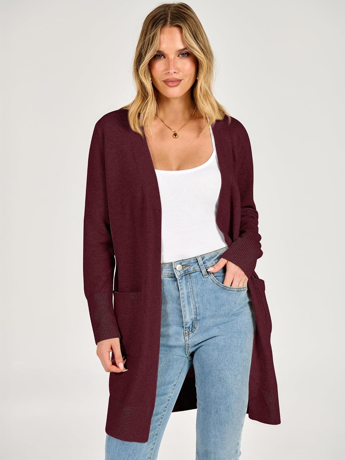 image:imageANRABESS Womens Lightweight Long Cardigan Sweaters 2026 Fall OutfitsWine Red