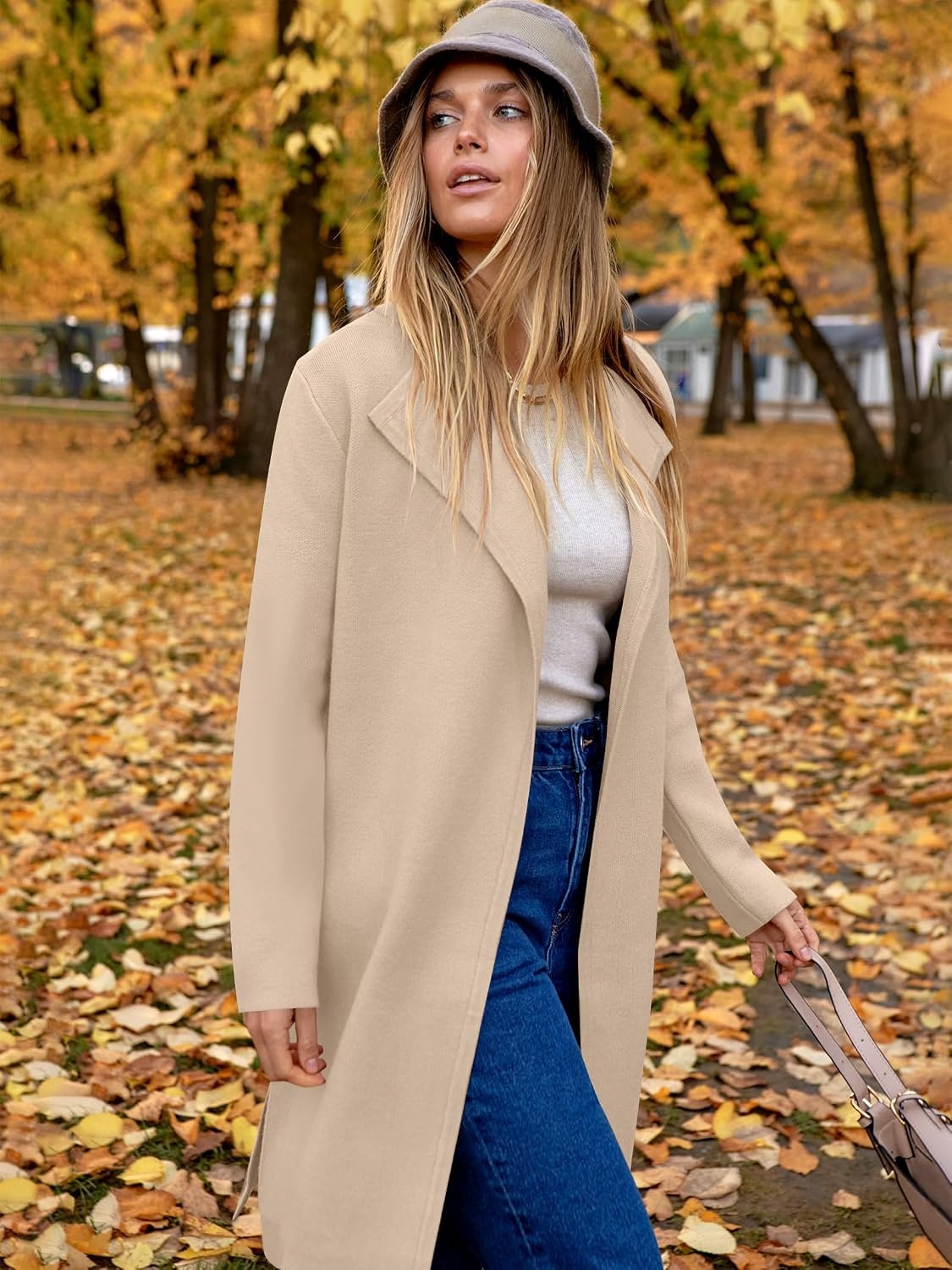 image:imageANRABESS Womens Long Cardigans Sweater 2026 Fall Dressy Casual Lapel Knit Warm Trench Coatigan Oversized Blazer Jacket CoatApricot