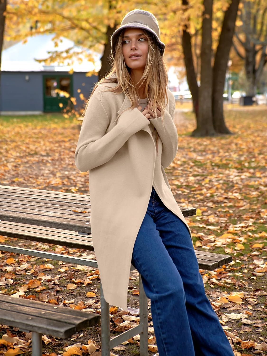 image:imageANRABESS Womens Long Cardigans Sweater 2026 Fall Dressy Casual Lapel Knit Warm Trench Coatigan Oversized Blazer Jacket CoatApricot