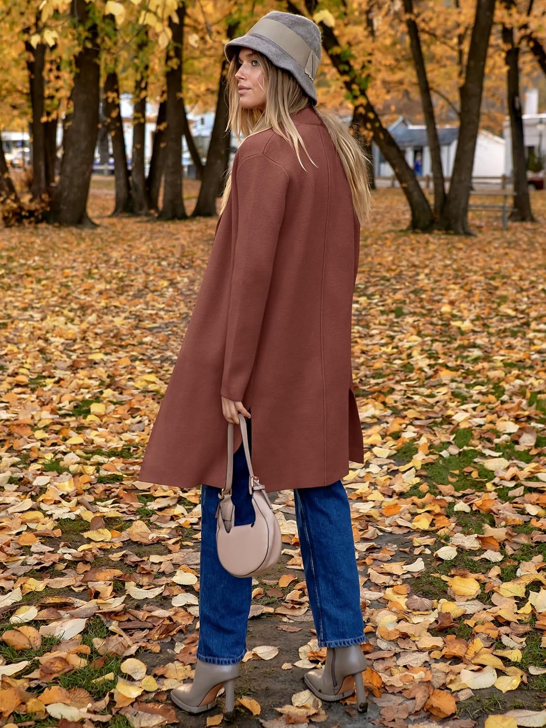 image:imageANRABESS Womens Long Cardigans Sweater 2026 Fall Dressy Casual Lapel Knit Warm Trench Coatigan Oversized Blazer Jacket CoatCoffee