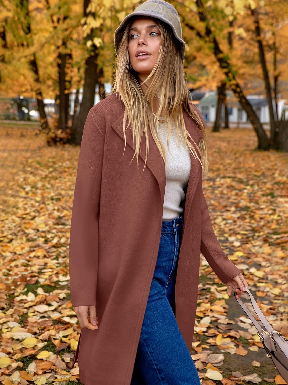 image:imageANRABESS Womens Long Cardigans Sweater 2026 Fall Dressy Casual Lapel Knit Warm Trench Coatigan Oversized Blazer Jacket CoatCoffee