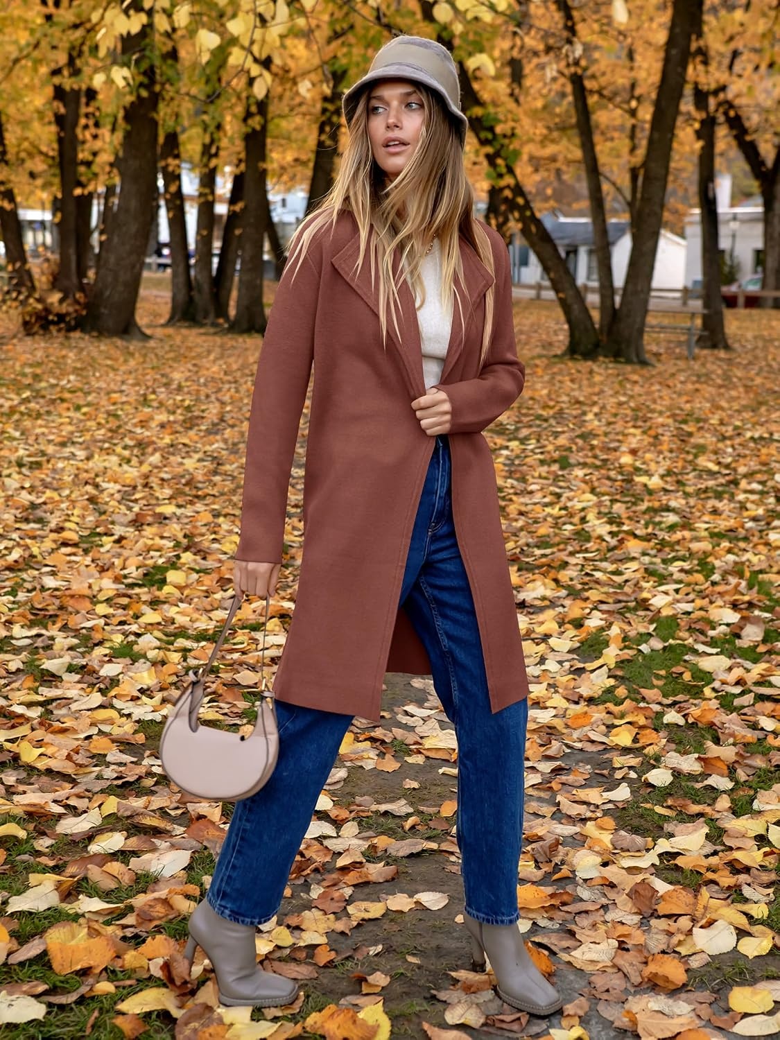 image:imageANRABESS Womens Long Cardigans Sweater 2026 Fall Dressy Casual Lapel Knit Warm Trench Coatigan Oversized Blazer Jacket CoatCoffee