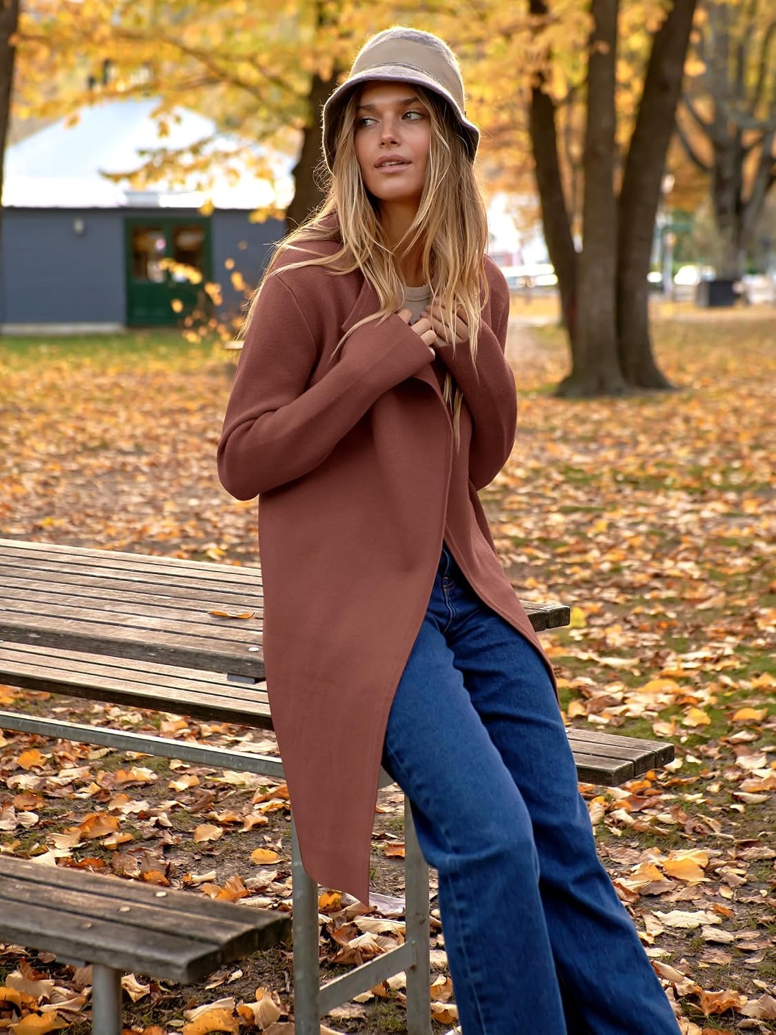 image:imageANRABESS Womens Long Cardigans Sweater 2026 Fall Dressy Casual Lapel Knit Warm Trench Coatigan Oversized Blazer Jacket CoatCoffee