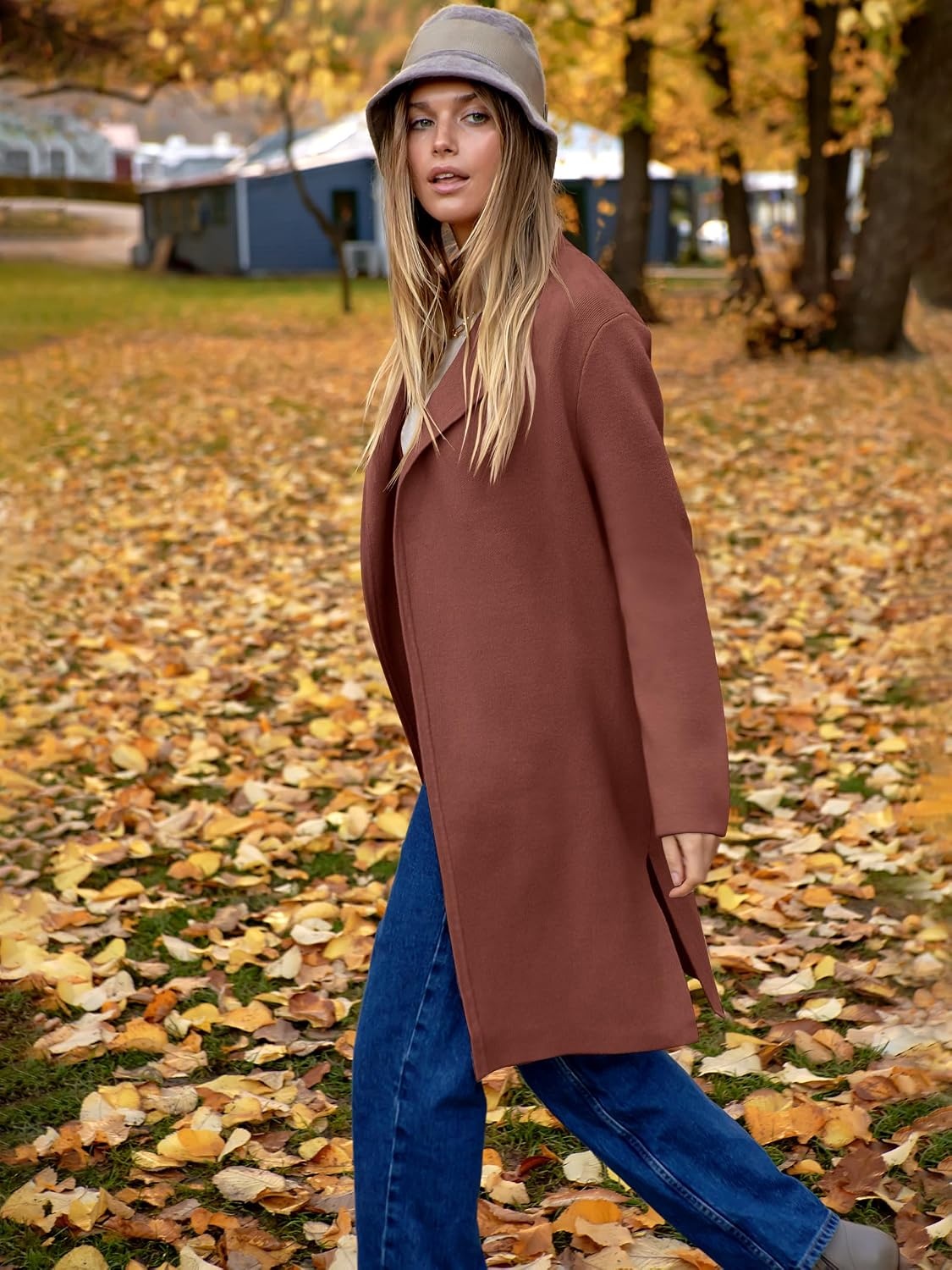 image:imageANRABESS Womens Long Cardigans Sweater 2026 Fall Dressy Casual Lapel Knit Warm Trench Coatigan Oversized Blazer Jacket CoatCoffee