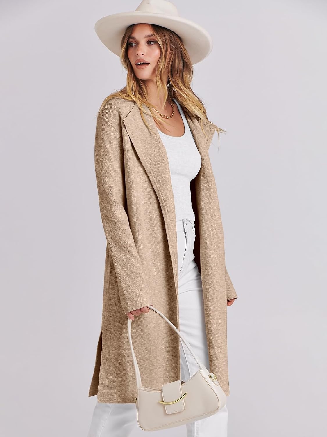 image:imageANRABESS Womens Long Cardigans Sweater 2026 Fall Dressy Casual Lapel Knit Warm Trench Coatigan Oversized Blazer Jacket CoatDark Apricot