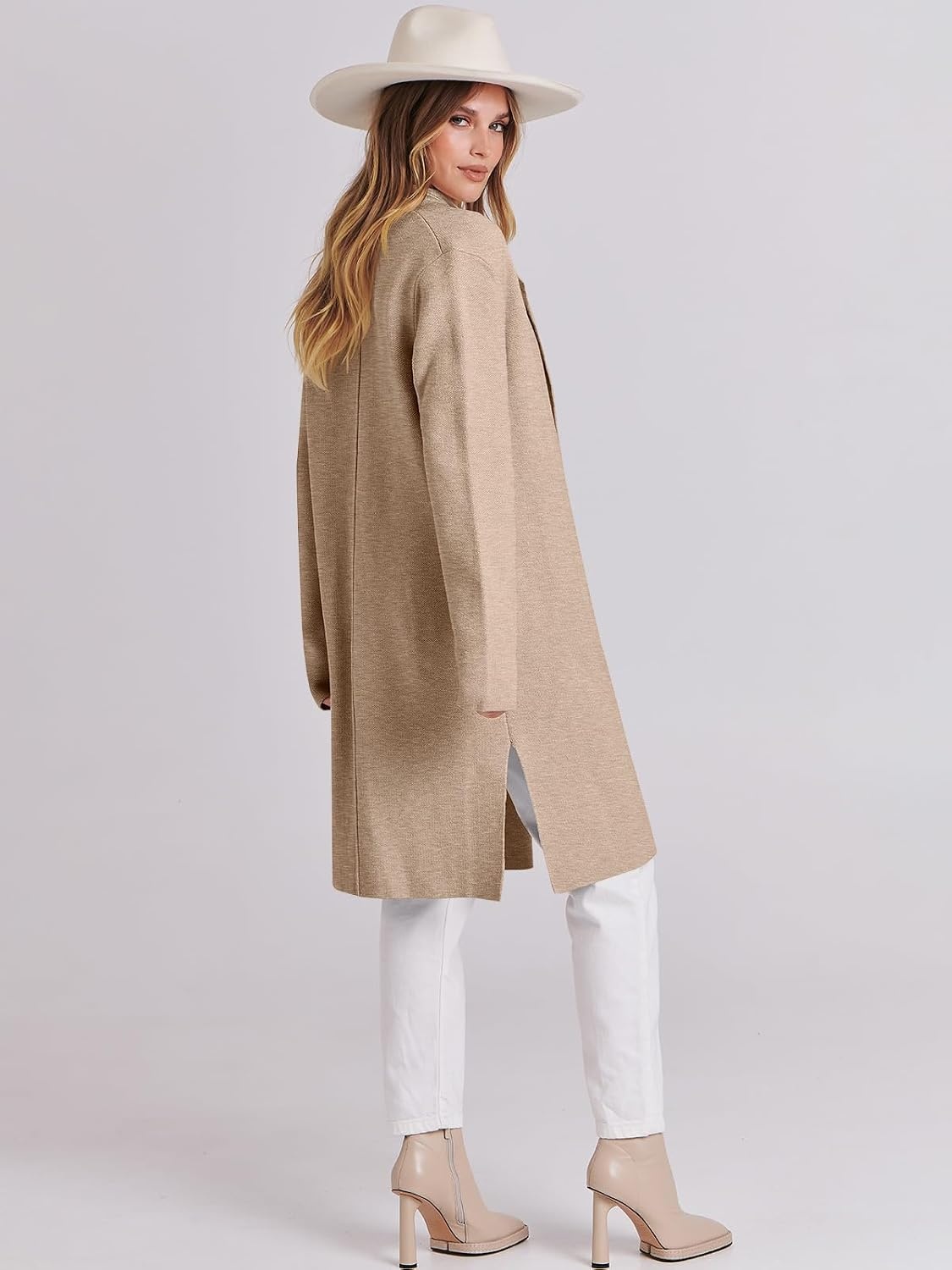 image:imageANRABESS Womens Long Cardigans Sweater 2026 Fall Dressy Casual Lapel Knit Warm Trench Coatigan Oversized Blazer Jacket CoatDark Apricot
