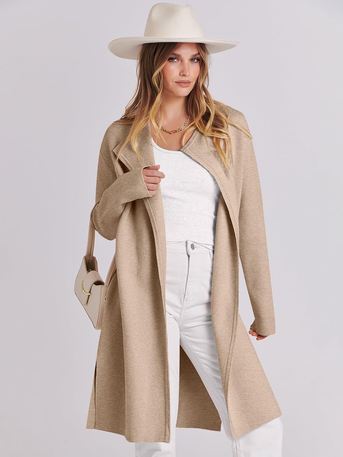 image:imageANRABESS Womens Long Cardigans Sweater 2026 Fall Dressy Casual Lapel Knit Warm Trench Coatigan Oversized Blazer Jacket CoatDark Apricot