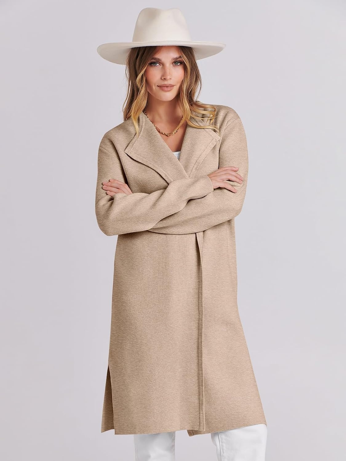 image:imageANRABESS Womens Long Cardigans Sweater 2026 Fall Dressy Casual Lapel Knit Warm Trench Coatigan Oversized Blazer Jacket CoatDark Apricot