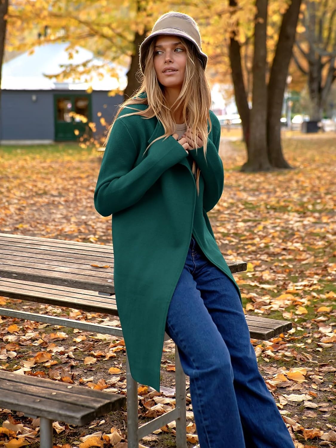 image:imageANRABESS Womens Long Cardigans Sweater 2026 Fall Dressy Casual Lapel Knit Warm Trench Coatigan Oversized Blazer Jacket CoatDark Green