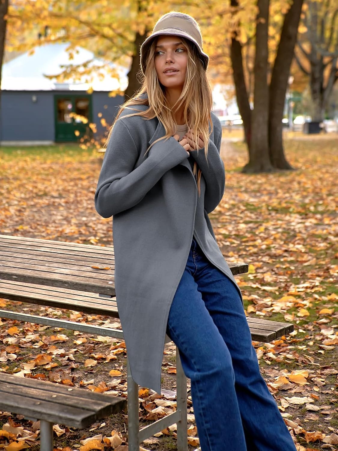 image:imageANRABESS Womens Long Cardigans Sweater 2026 Fall Dressy Casual Lapel Knit Warm Trench Coatigan Oversized Blazer Jacket CoatDark Grey