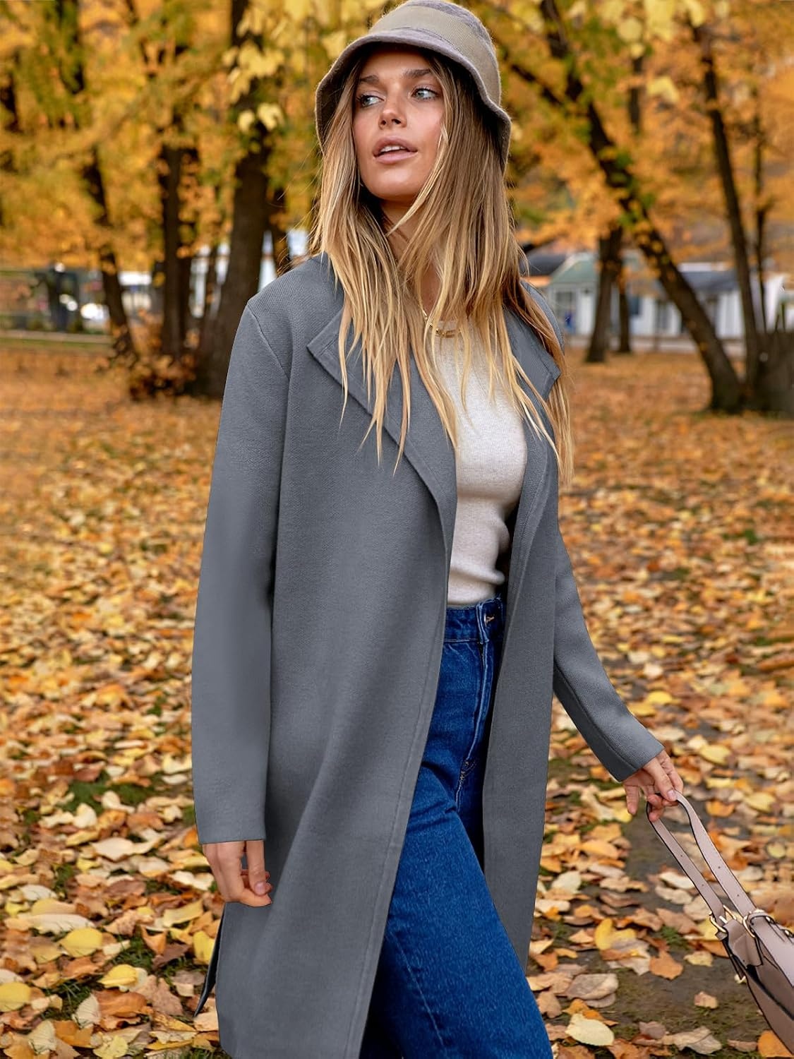 image:imageANRABESS Womens Long Cardigans Sweater 2026 Fall Dressy Casual Lapel Knit Warm Trench Coatigan Oversized Blazer Jacket CoatDark Grey