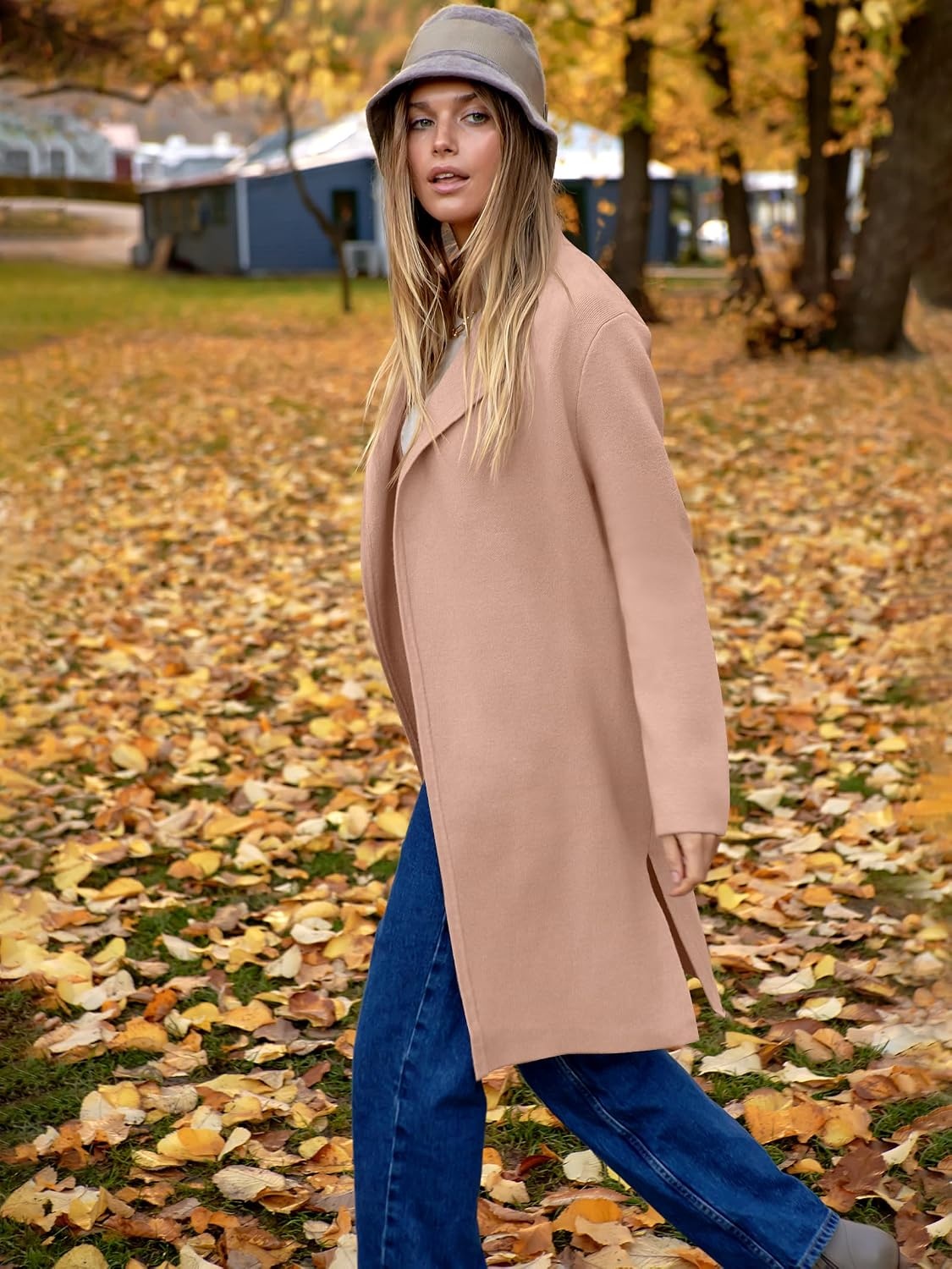 image:imageANRABESS Womens Long Cardigans Sweater 2026 Fall Dressy Casual Lapel Knit Warm Trench Coatigan Oversized Blazer Jacket CoatDeep Apricot