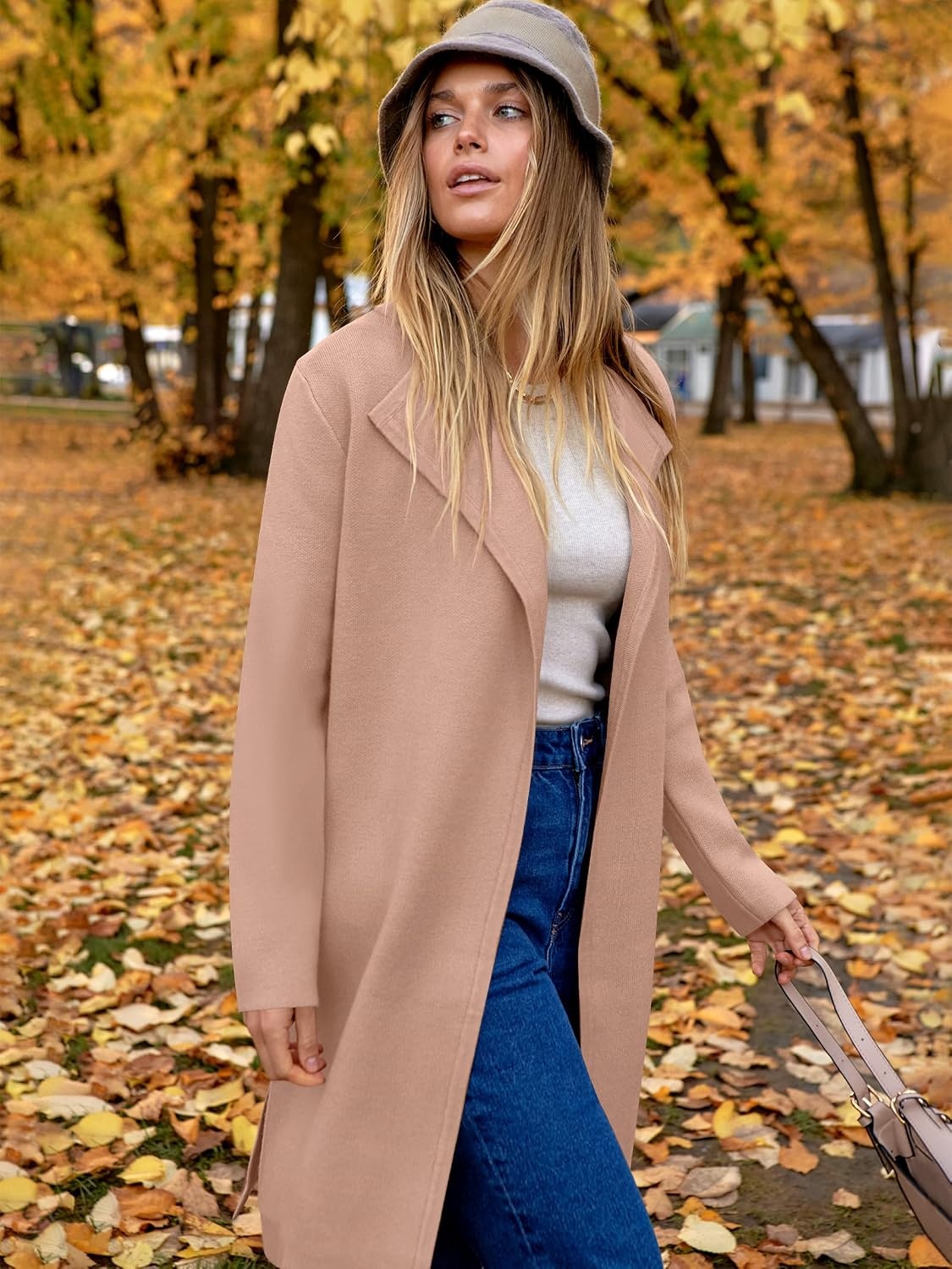 image:imageANRABESS Womens Long Cardigans Sweater 2026 Fall Dressy Casual Lapel Knit Warm Trench Coatigan Oversized Blazer Jacket CoatDeep Apricot