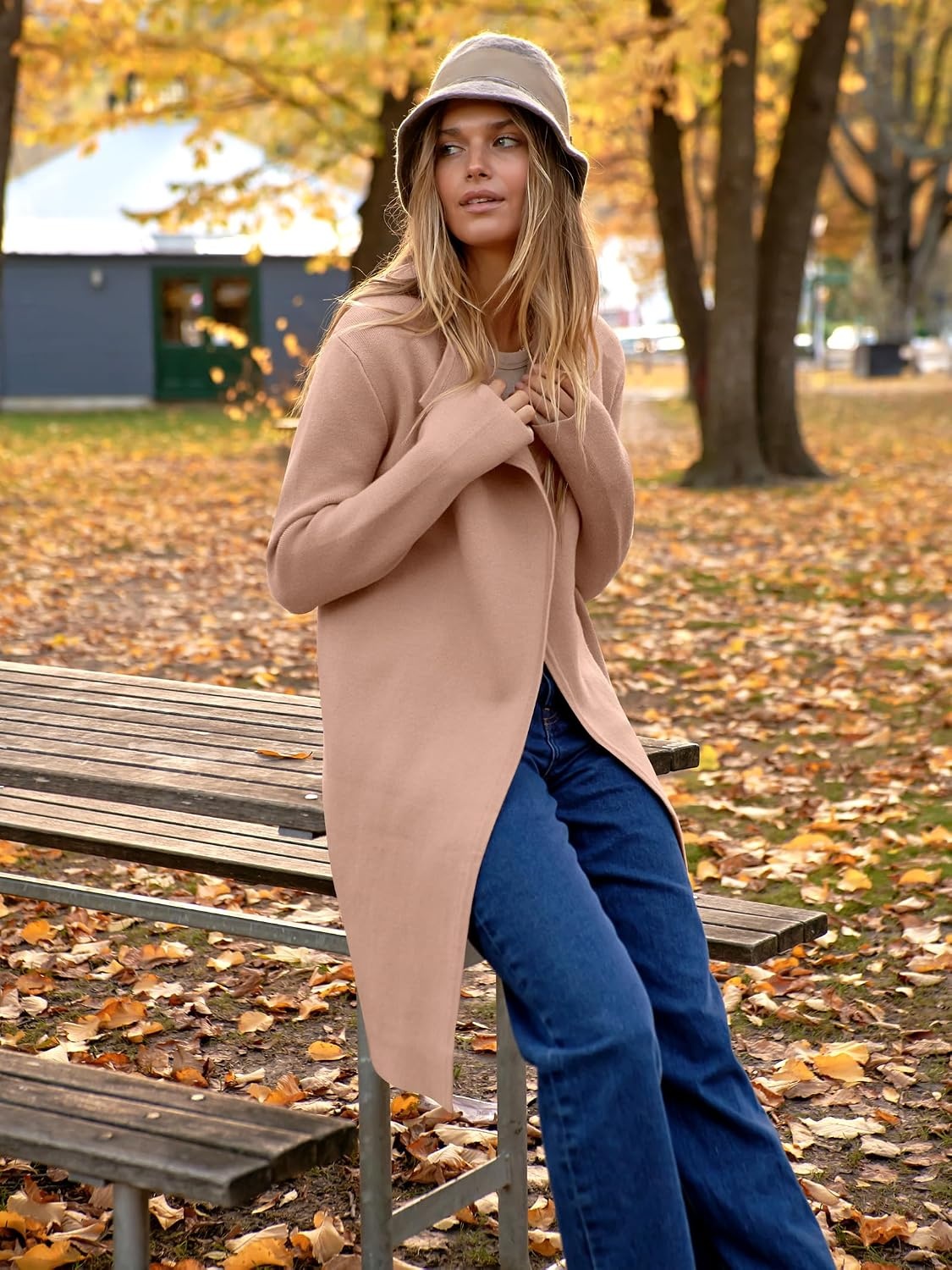 image:imageANRABESS Womens Long Cardigans Sweater 2026 Fall Dressy Casual Lapel Knit Warm Trench Coatigan Oversized Blazer Jacket CoatDeep Apricot