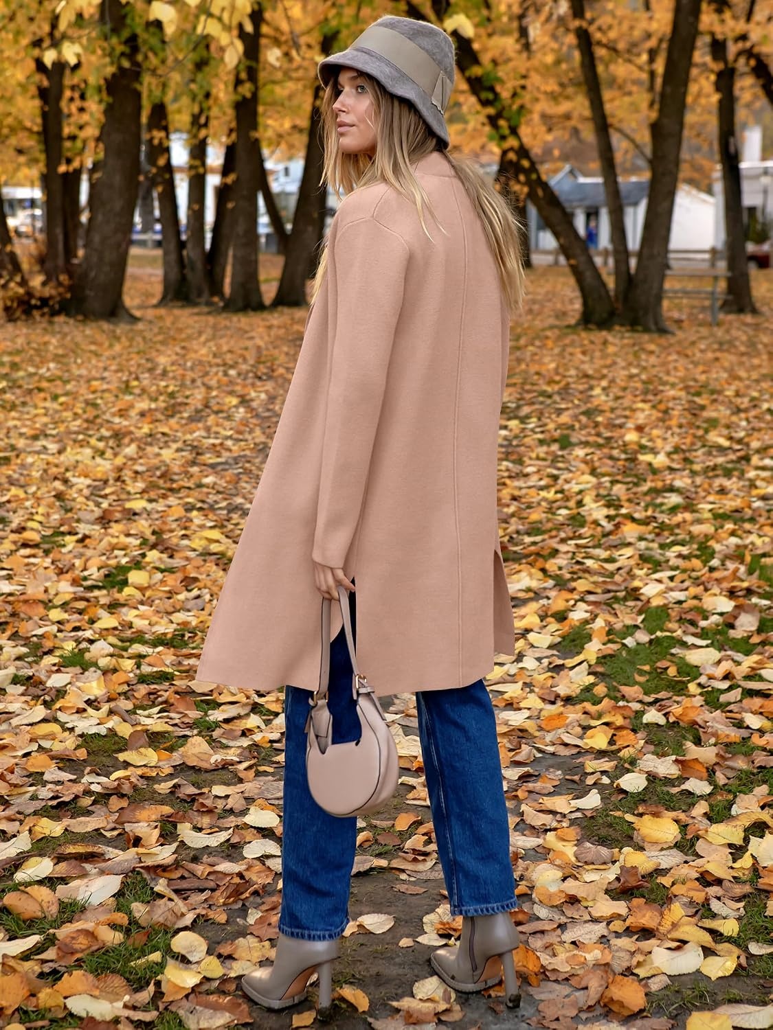 image:imageANRABESS Womens Long Cardigans Sweater 2026 Fall Dressy Casual Lapel Knit Warm Trench Coatigan Oversized Blazer Jacket CoatDeep Apricot