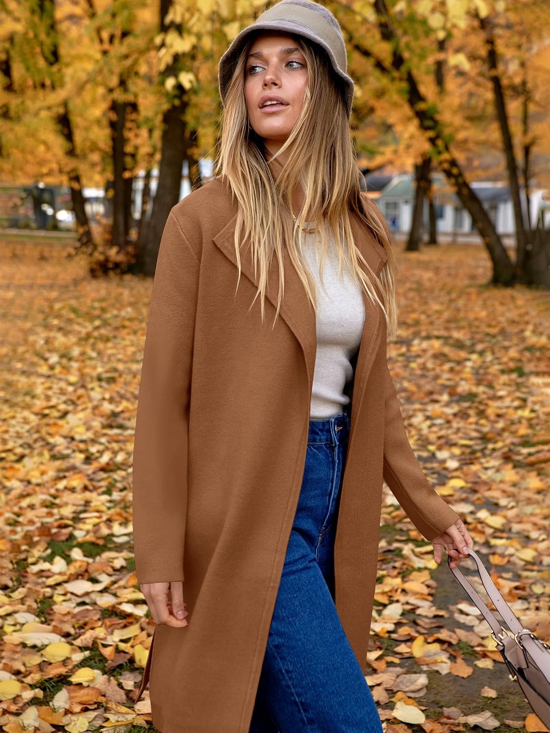 image:imageANRABESS Womens Long Cardigans Sweater 2026 Fall Dressy Casual Lapel Knit Warm Trench Coatigan Oversized Blazer Jacket CoatDeep Caramel