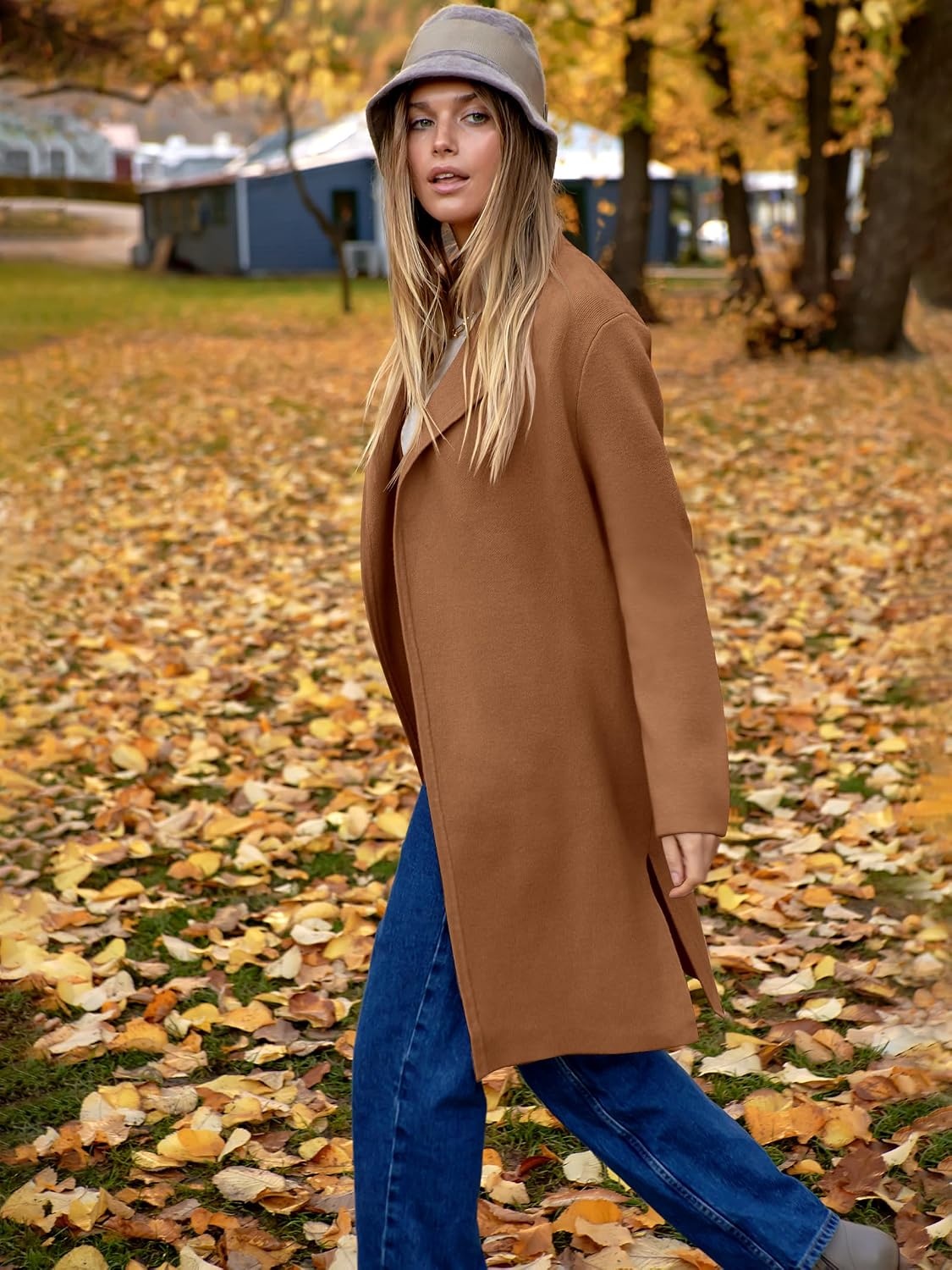 image:imageANRABESS Womens Long Cardigans Sweater 2026 Fall Dressy Casual Lapel Knit Warm Trench Coatigan Oversized Blazer Jacket CoatDeep Caramel