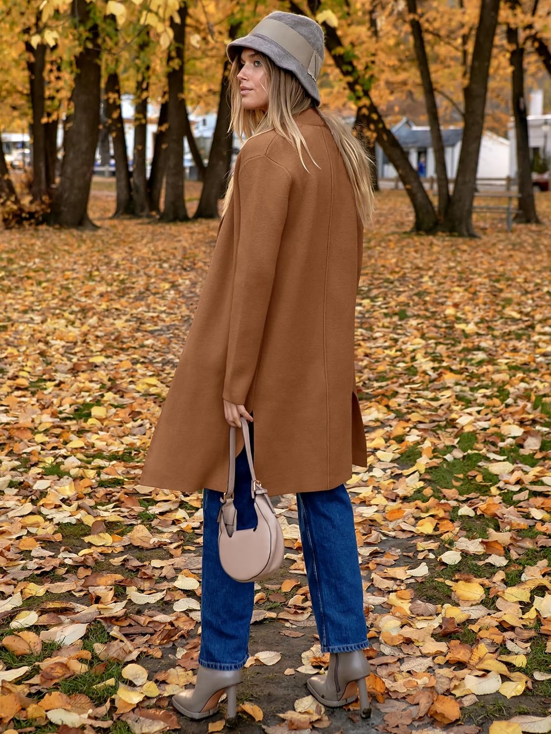image:imageANRABESS Womens Long Cardigans Sweater 2026 Fall Dressy Casual Lapel Knit Warm Trench Coatigan Oversized Blazer Jacket CoatDeep Caramel