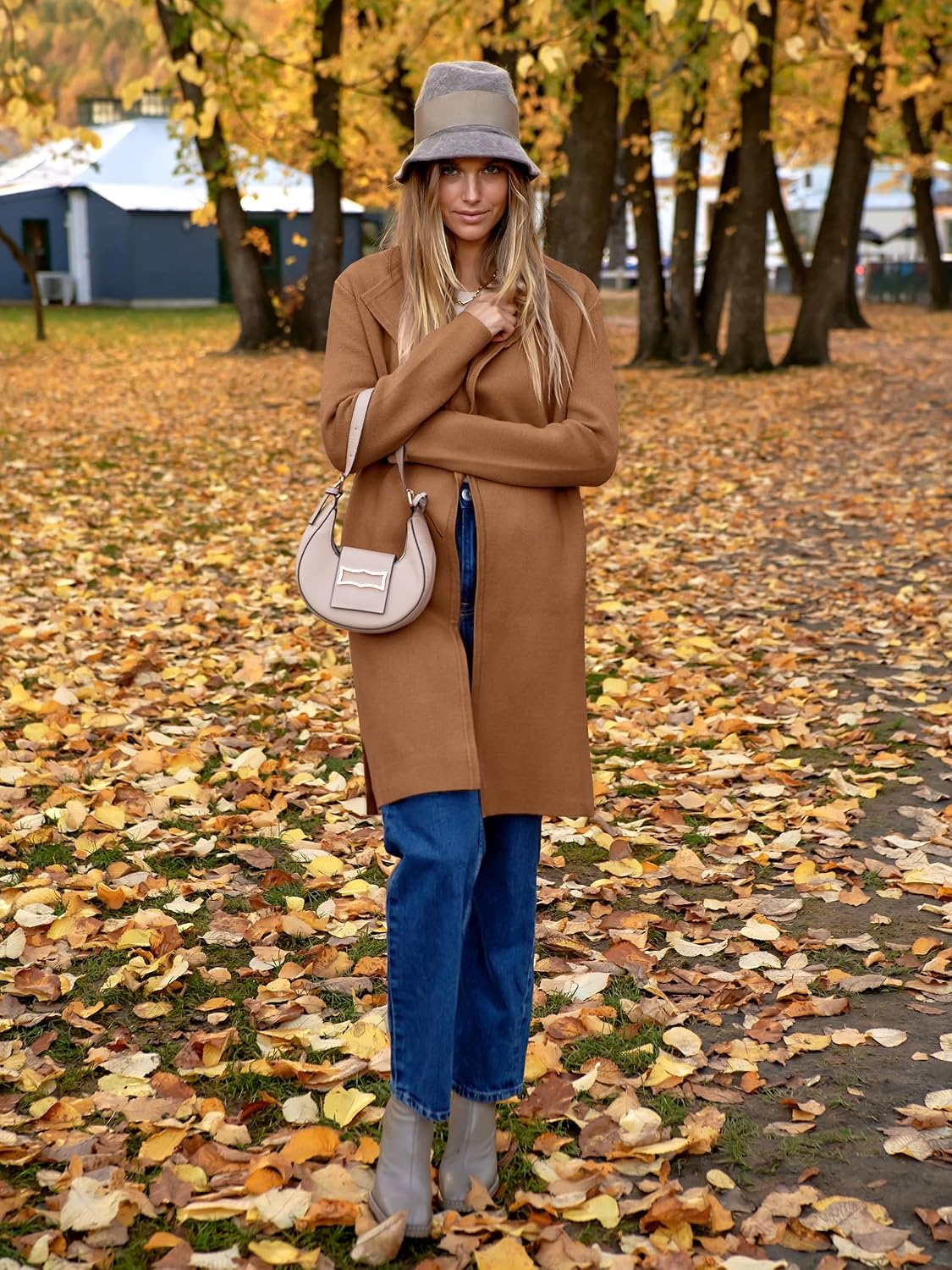 image:imageANRABESS Womens Long Cardigans Sweater 2026 Fall Dressy Casual Lapel Knit Warm Trench Coatigan Oversized Blazer Jacket CoatDeep Caramel