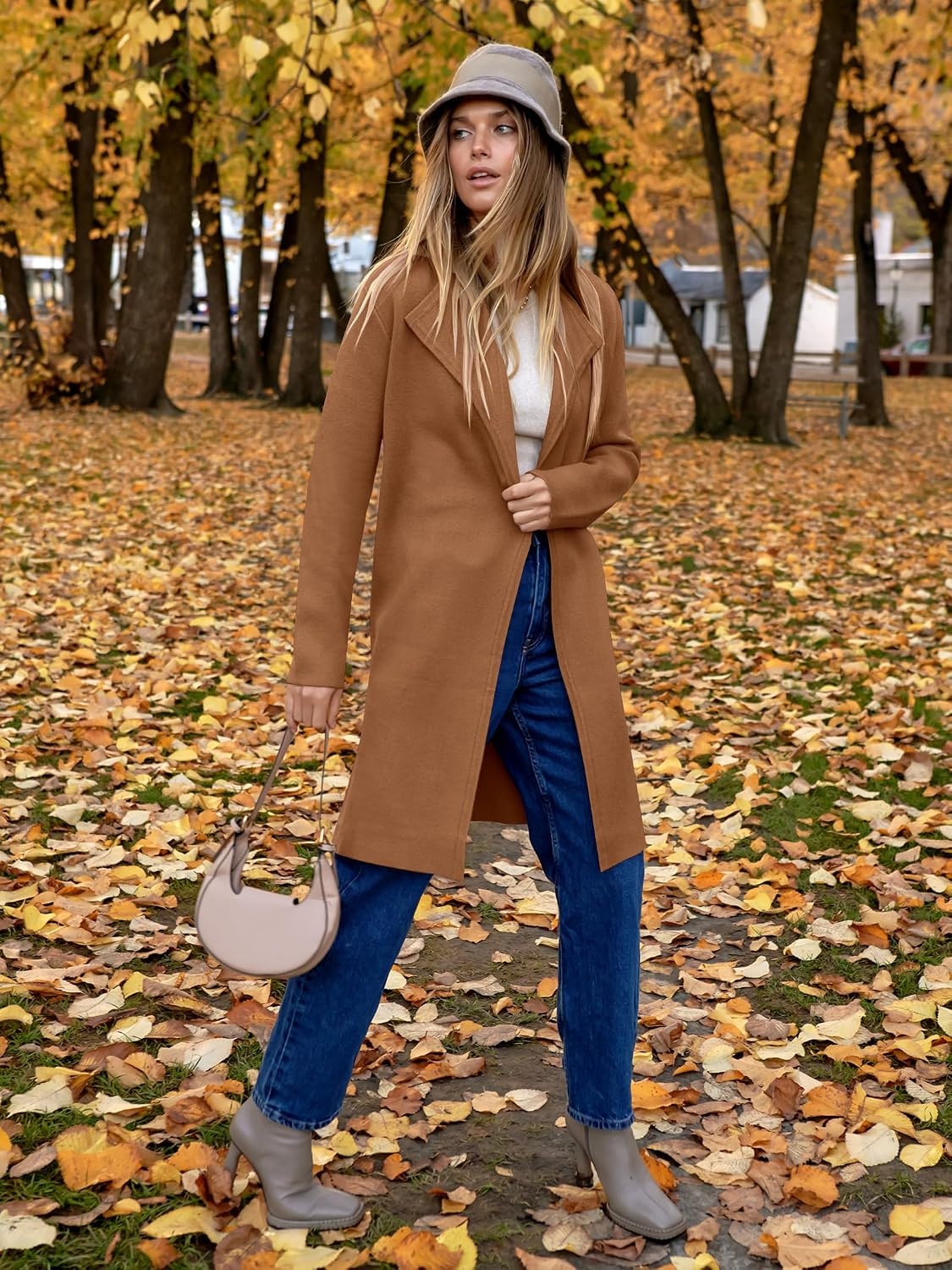 image:imageANRABESS Womens Long Cardigans Sweater 2026 Fall Dressy Casual Lapel Knit Warm Trench Coatigan Oversized Blazer Jacket CoatDeep Caramel