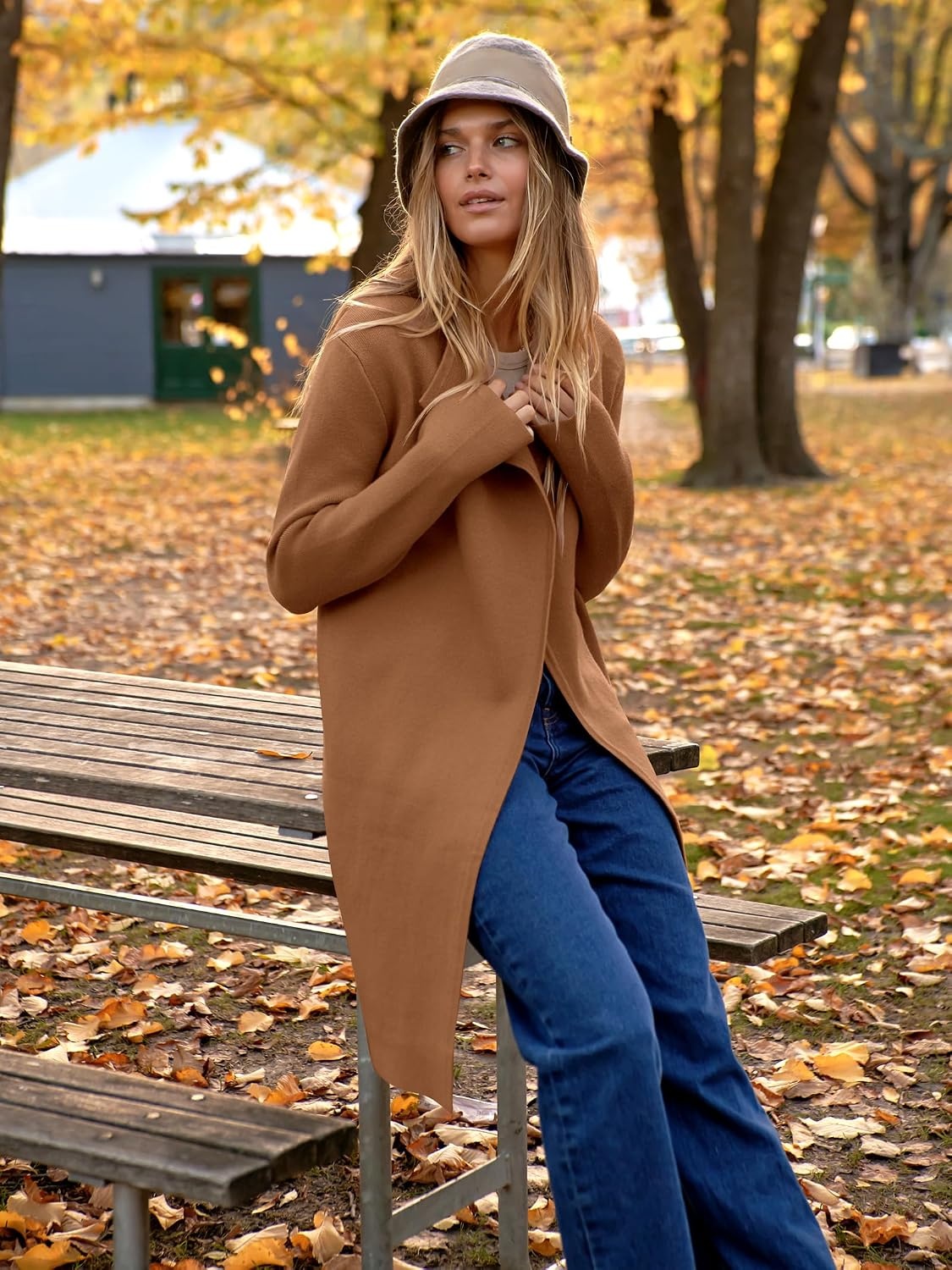 image:imageANRABESS Womens Long Cardigans Sweater 2026 Fall Dressy Casual Lapel Knit Warm Trench Coatigan Oversized Blazer Jacket CoatDeep Caramel