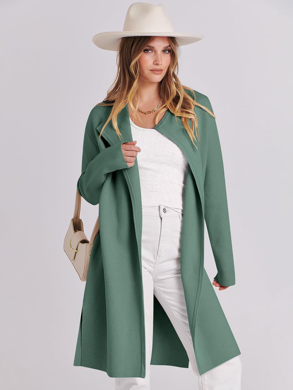image:imageANRABESS Womens Long Cardigans Sweater 2026 Fall Dressy Casual Lapel Knit Warm Trench Coatigan Oversized Blazer Jacket CoatGreen