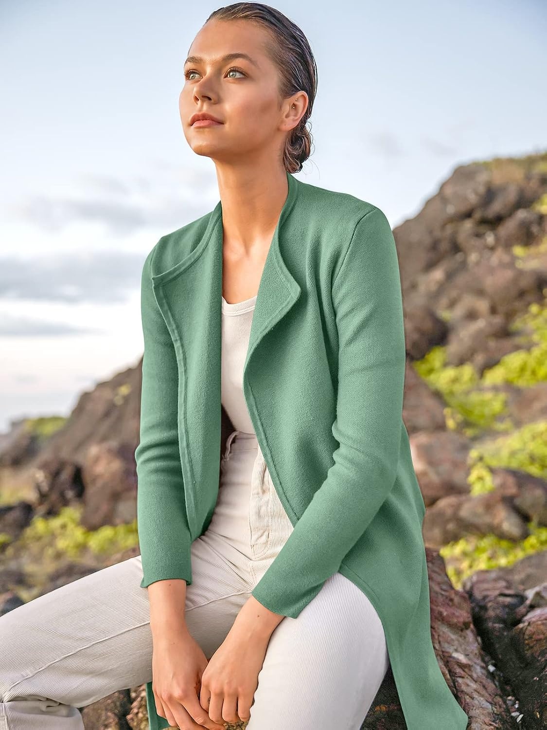 image:imageANRABESS Womens Long Cardigans Sweater 2026 Fall Dressy Casual Lapel Knit Warm Trench Coatigan Oversized Blazer Jacket CoatGreen