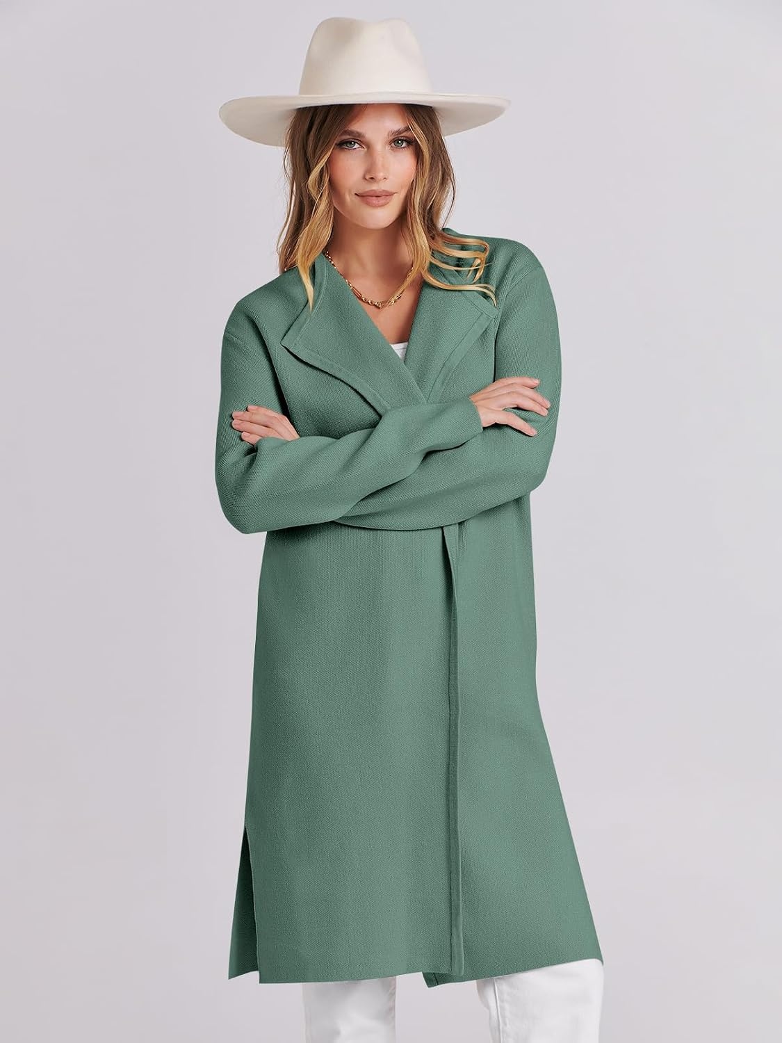 image:imageANRABESS Womens Long Cardigans Sweater 2026 Fall Dressy Casual Lapel Knit Warm Trench Coatigan Oversized Blazer Jacket CoatGreen