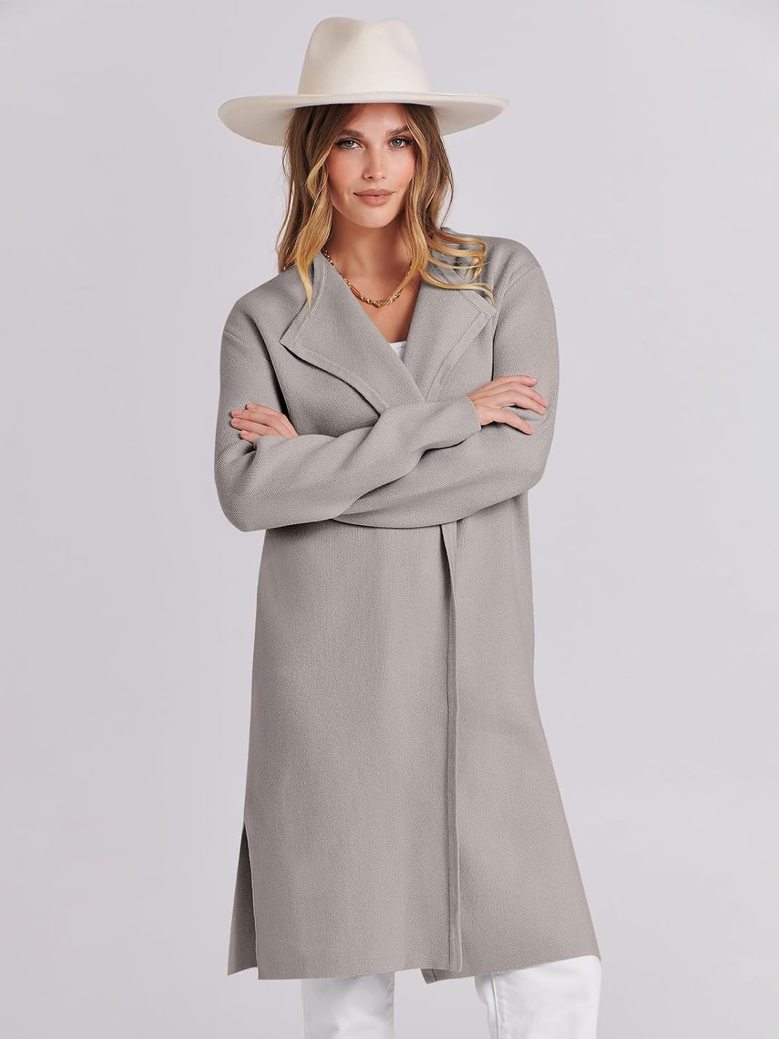 image:imageANRABESS Womens Long Cardigans Sweater 2026 Fall Dressy Casual Lapel Knit Warm Trench Coatigan Oversized Blazer Jacket CoatGrey Khaki