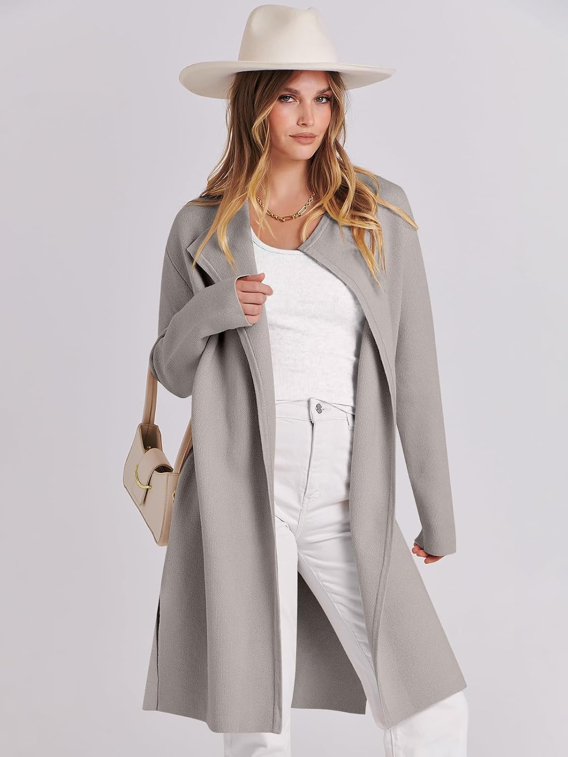 image:imageANRABESS Womens Long Cardigans Sweater 2026 Fall Dressy Casual Lapel Knit Warm Trench Coatigan Oversized Blazer Jacket CoatGrey Khaki