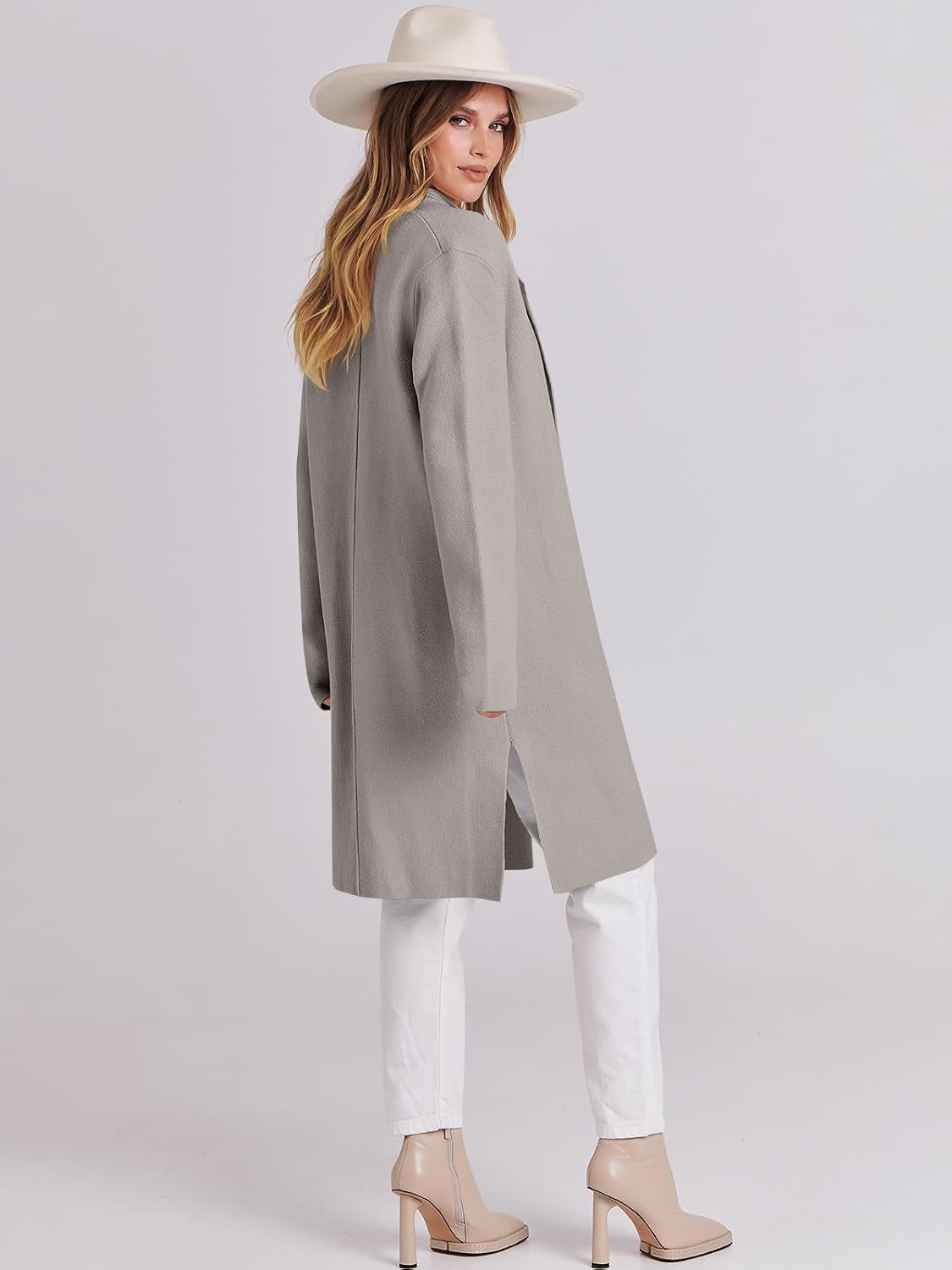 image:imageANRABESS Womens Long Cardigans Sweater 2026 Fall Dressy Casual Lapel Knit Warm Trench Coatigan Oversized Blazer Jacket CoatGrey Khaki