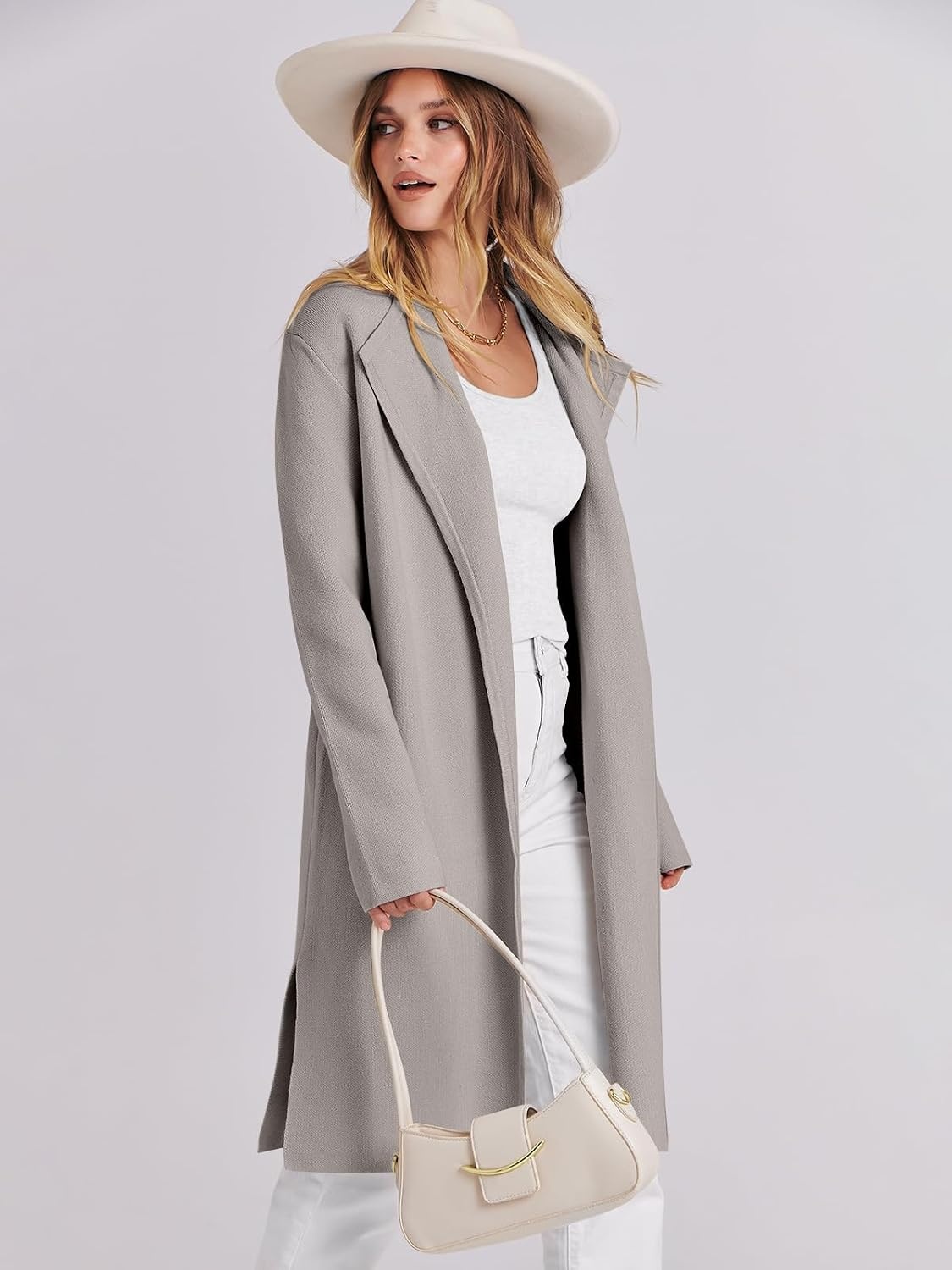 image:imageANRABESS Womens Long Cardigans Sweater 2026 Fall Dressy Casual Lapel Knit Warm Trench Coatigan Oversized Blazer Jacket CoatGrey Khaki
