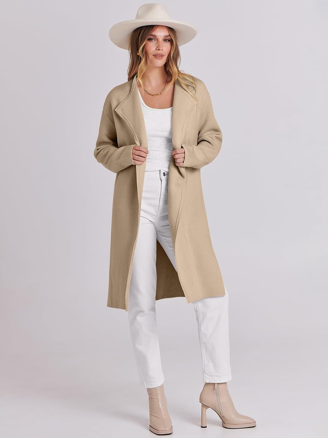 image:imageANRABESS Womens Long Cardigans Sweater 2026 Fall Dressy Casual Lapel Knit Warm Trench Coatigan Oversized Blazer Jacket CoatKhaki