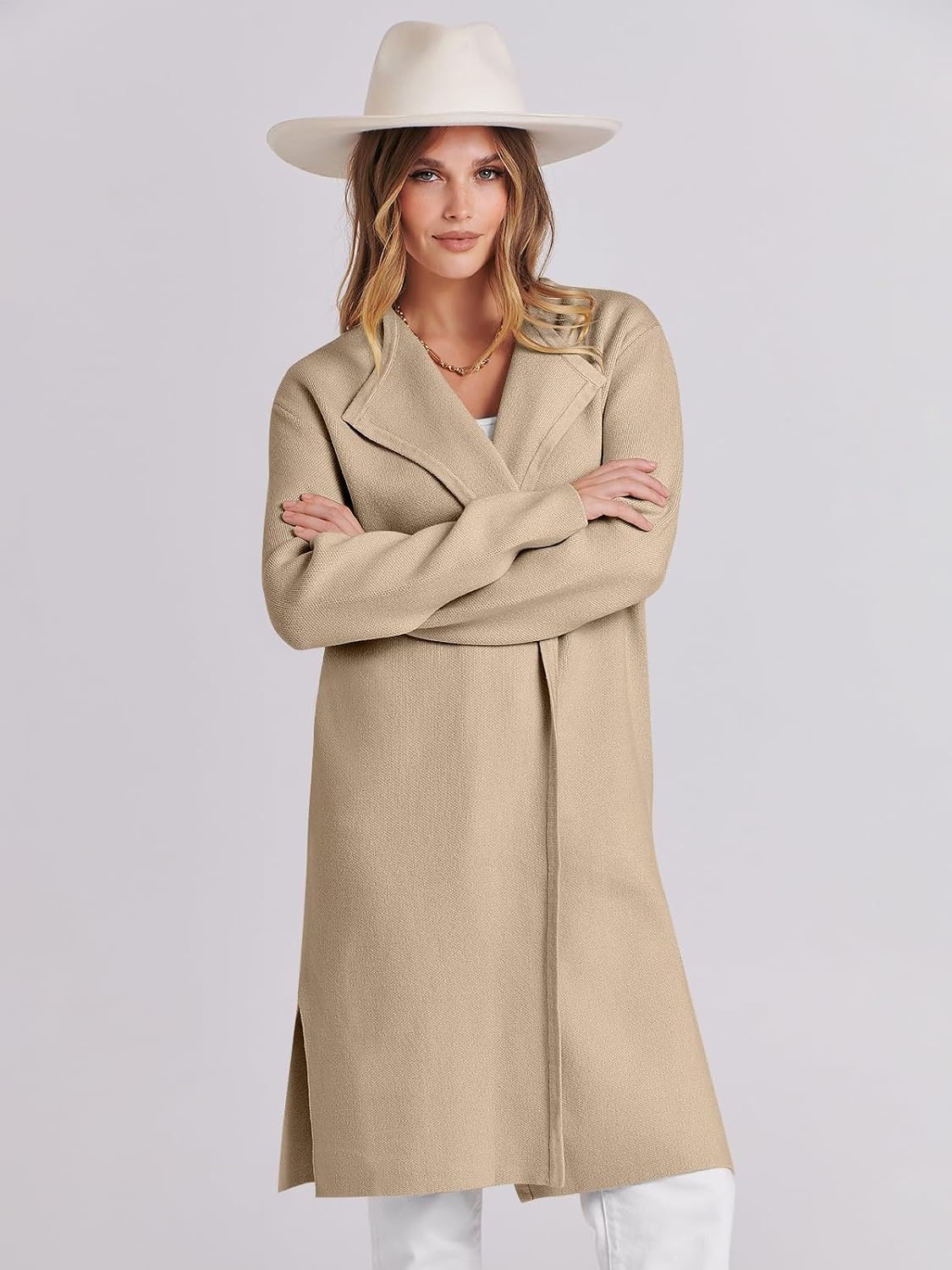image:imageANRABESS Womens Long Cardigans Sweater 2026 Fall Dressy Casual Lapel Knit Warm Trench Coatigan Oversized Blazer Jacket CoatKhaki