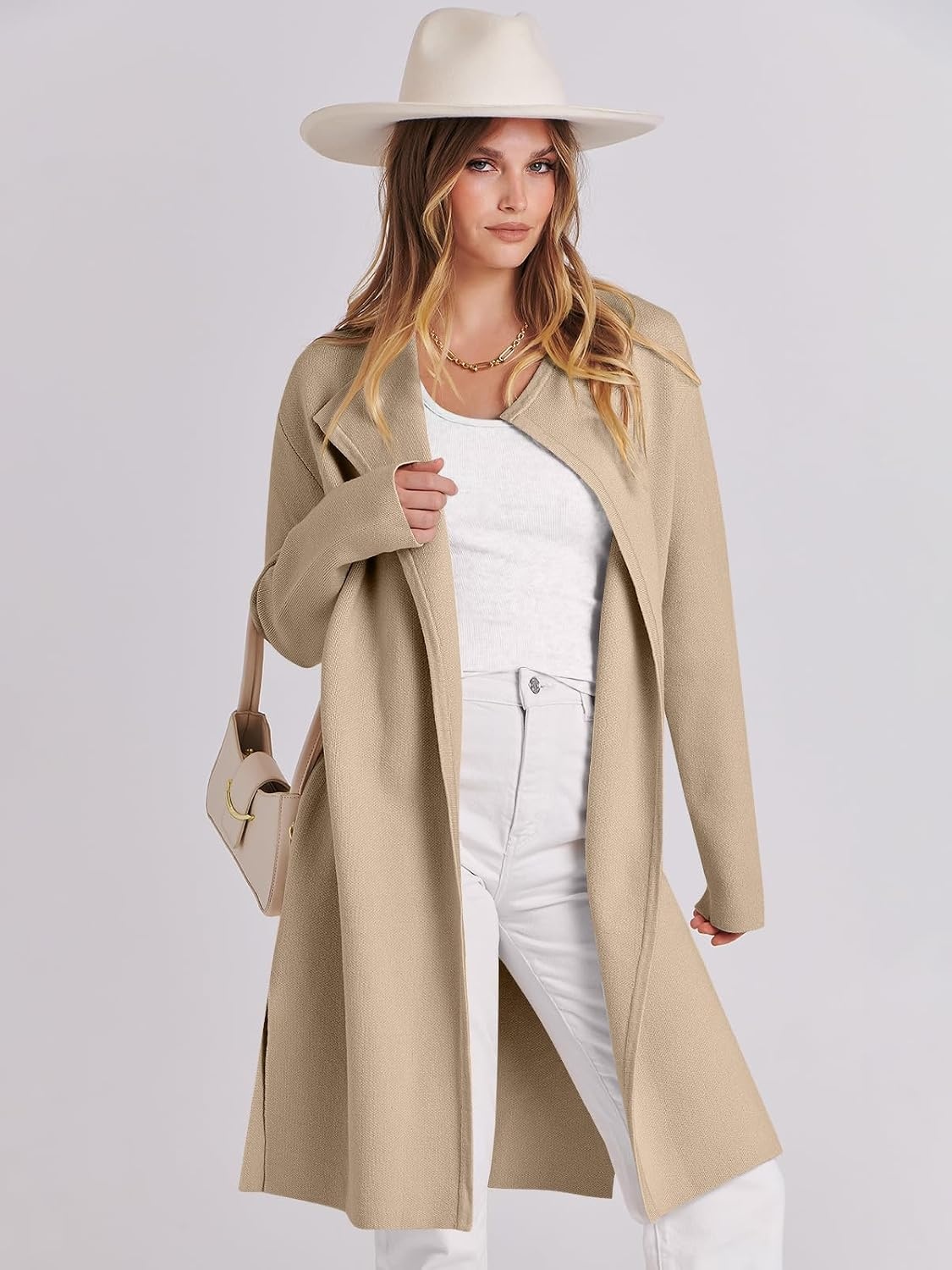 image:imageANRABESS Womens Long Cardigans Sweater 2026 Fall Dressy Casual Lapel Knit Warm Trench Coatigan Oversized Blazer Jacket CoatKhaki