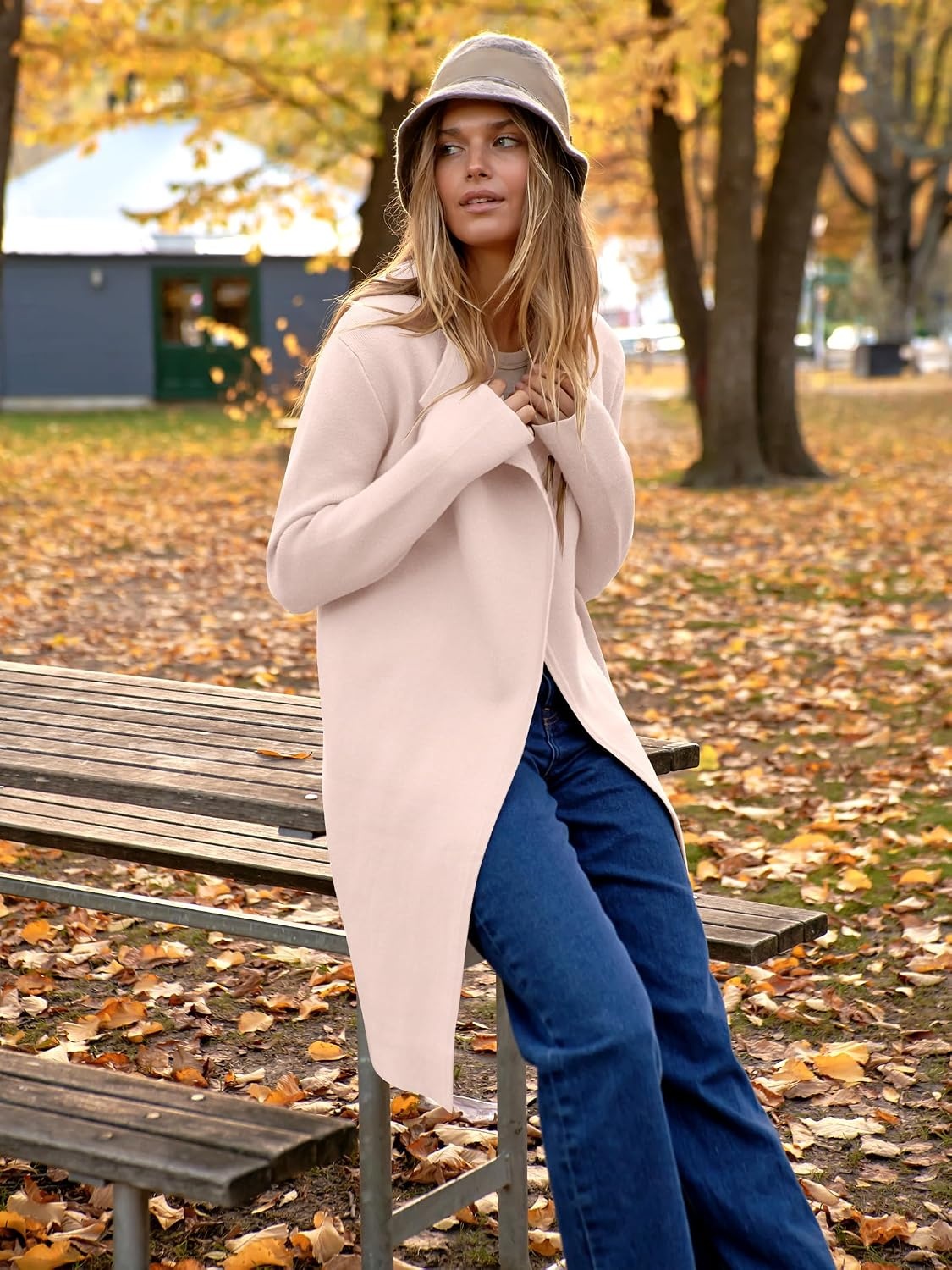 image:imageANRABESS Womens Long Cardigans Sweater 2026 Fall Dressy Casual Lapel Knit Warm Trench Coatigan Oversized Blazer Jacket CoatLight Apricot
