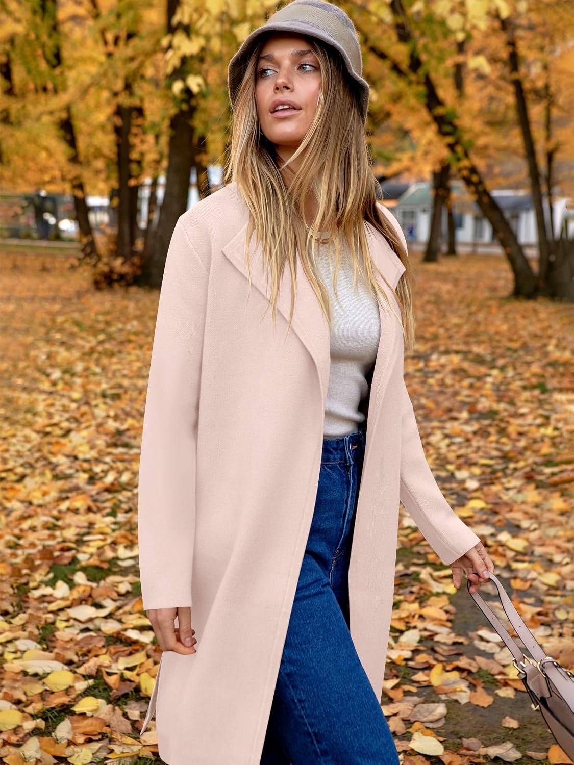 image:imageANRABESS Womens Long Cardigans Sweater 2026 Fall Dressy Casual Lapel Knit Warm Trench Coatigan Oversized Blazer Jacket CoatLight Apricot