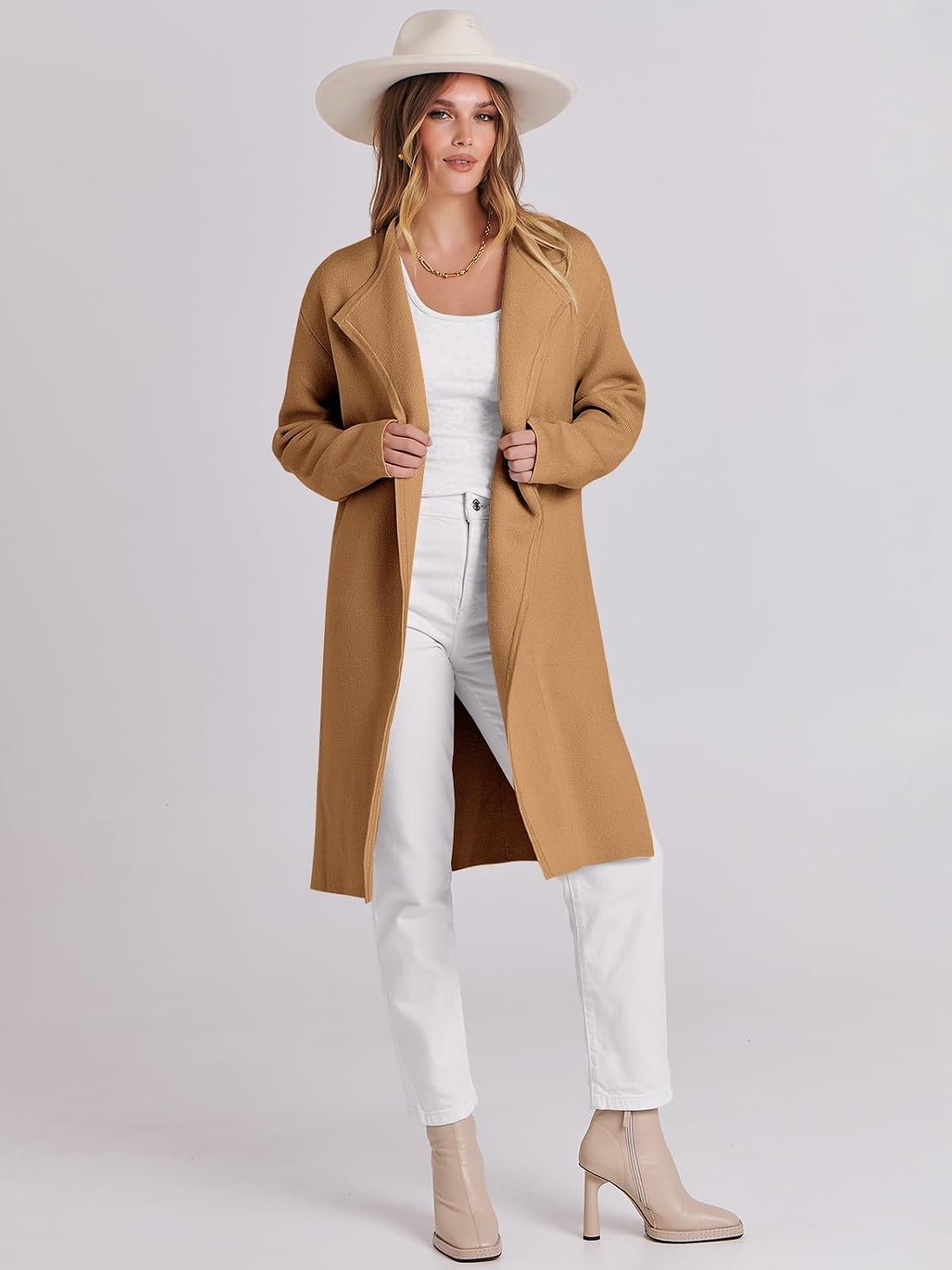 image:imageANRABESS Womens Long Cardigans Sweater 2026 Fall Dressy Casual Lapel Knit Warm Trench Coatigan Oversized Blazer Jacket CoatLight Brown