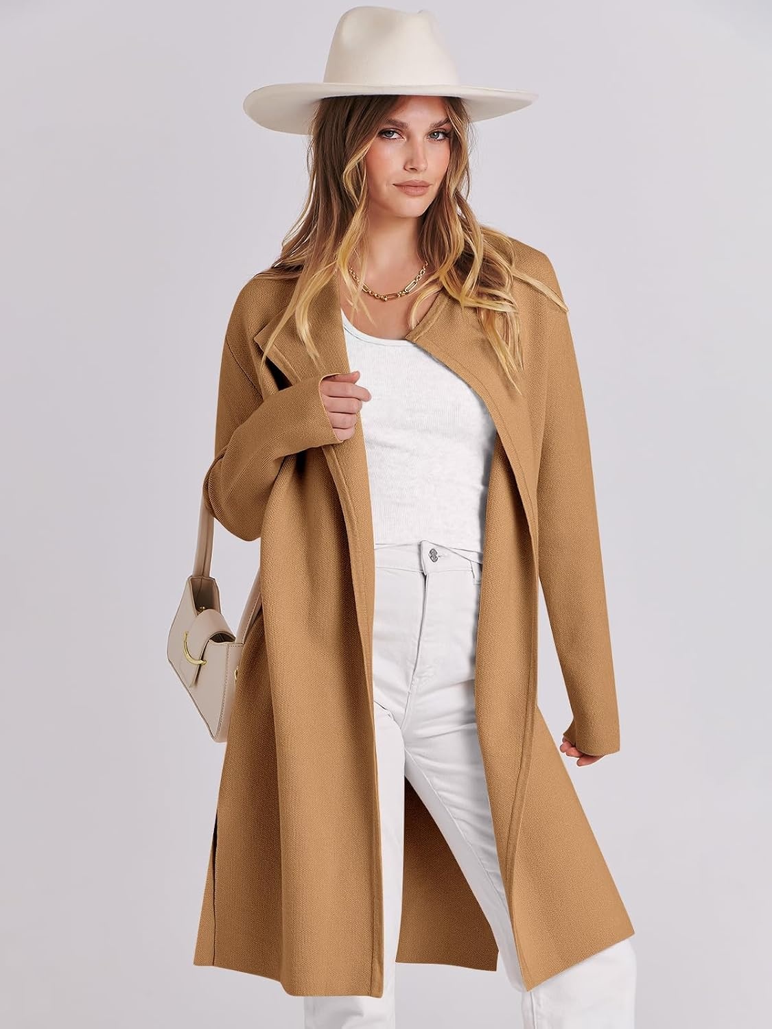 image:imageANRABESS Womens Long Cardigans Sweater 2026 Fall Dressy Casual Lapel Knit Warm Trench Coatigan Oversized Blazer Jacket CoatLight Brown