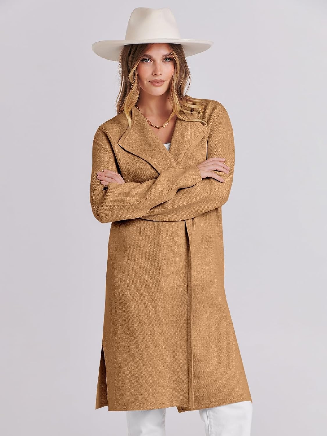 image:imageANRABESS Womens Long Cardigans Sweater 2026 Fall Dressy Casual Lapel Knit Warm Trench Coatigan Oversized Blazer Jacket CoatLight Brown