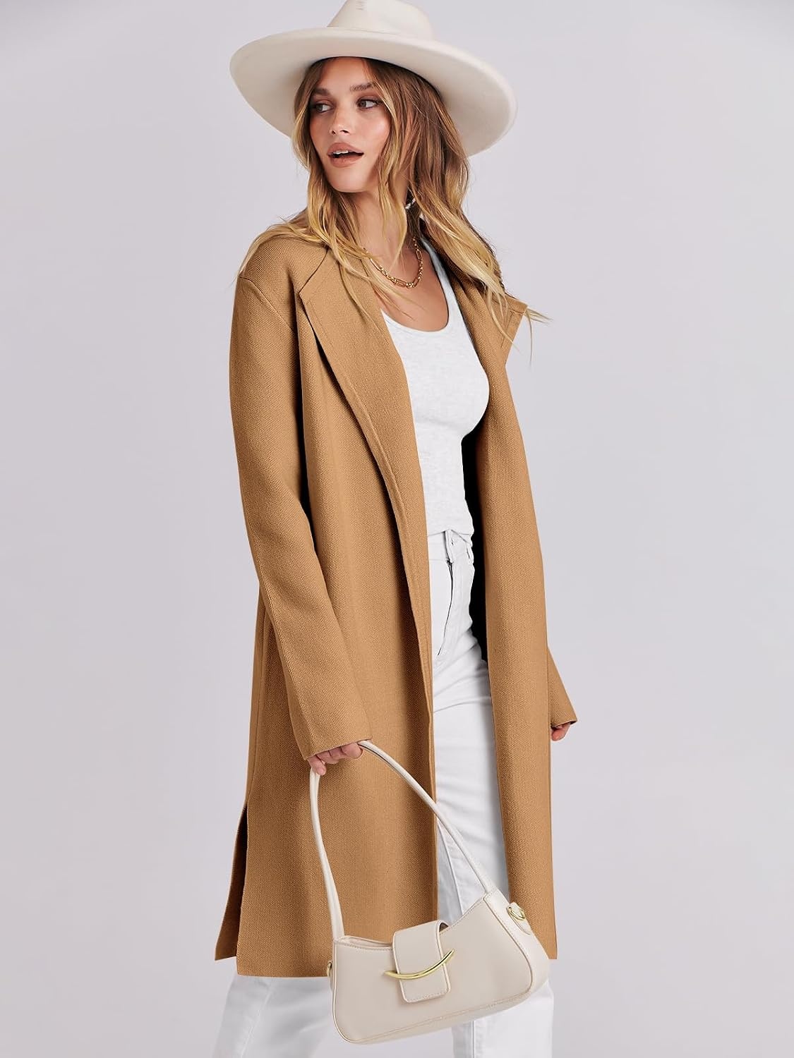 image:imageANRABESS Womens Long Cardigans Sweater 2026 Fall Dressy Casual Lapel Knit Warm Trench Coatigan Oversized Blazer Jacket CoatLight Brown