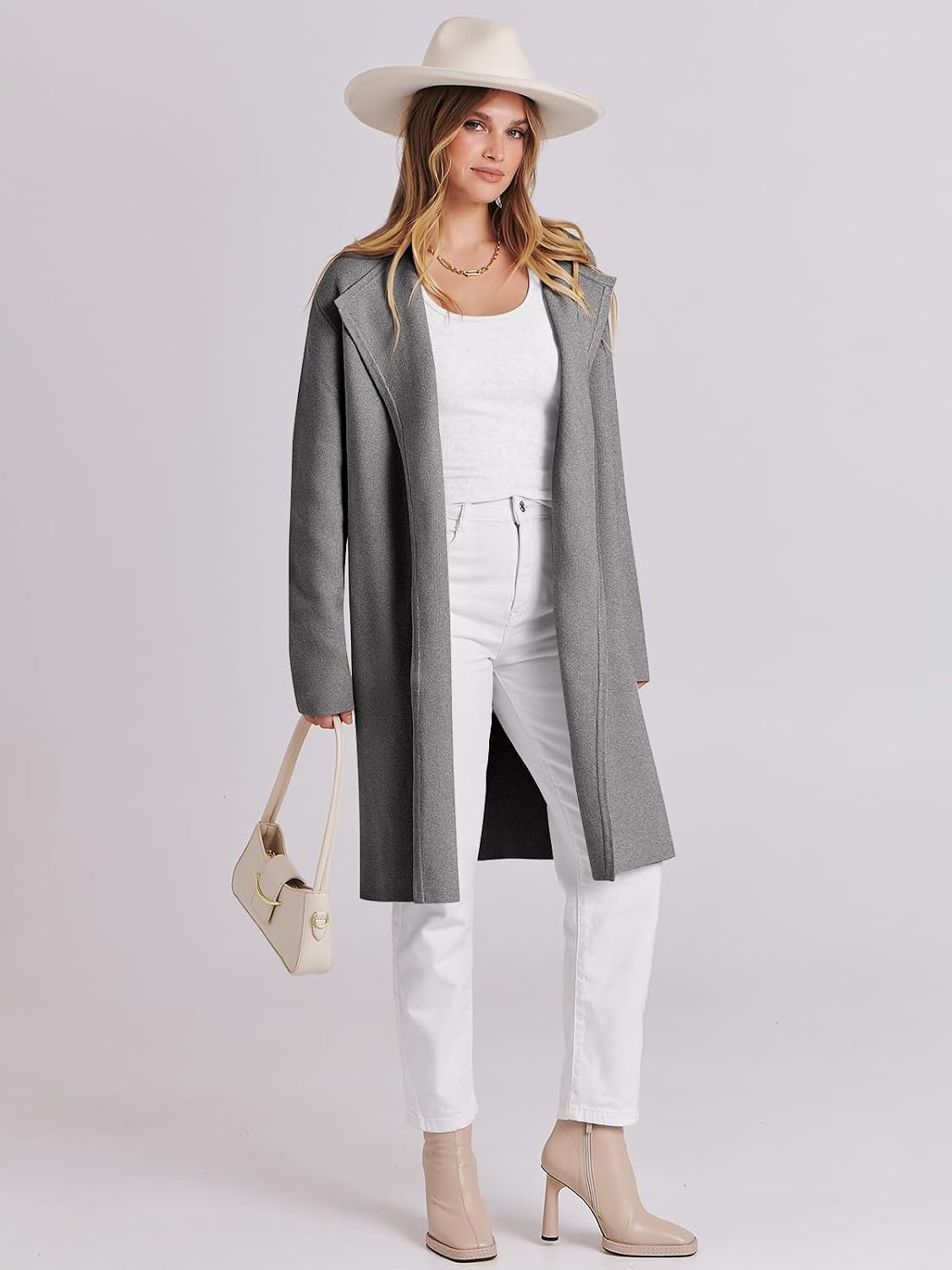 image:imageANRABESS Womens Long Cardigans Sweater 2026 Fall Dressy Casual Lapel Knit Warm Trench Coatigan Oversized Blazer Jacket CoatLight Grey