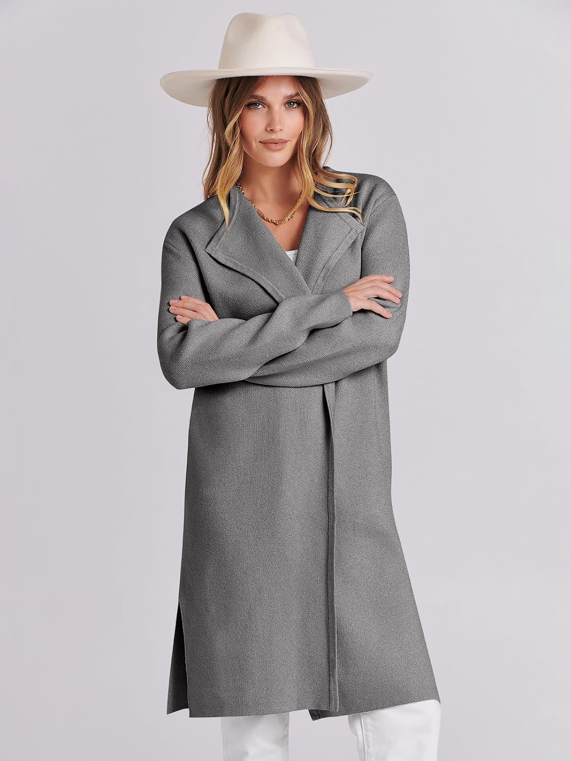 image:imageANRABESS Womens Long Cardigans Sweater 2026 Fall Dressy Casual Lapel Knit Warm Trench Coatigan Oversized Blazer Jacket CoatLight Grey
