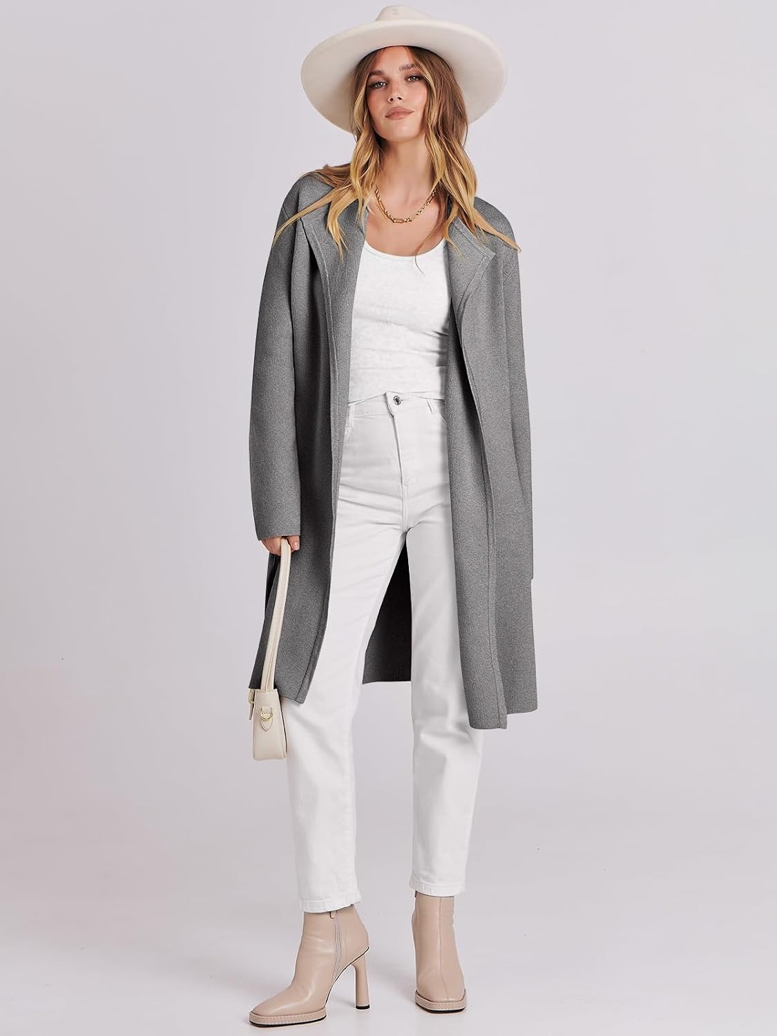image:imageANRABESS Womens Long Cardigans Sweater 2026 Fall Dressy Casual Lapel Knit Warm Trench Coatigan Oversized Blazer Jacket CoatLight Grey
