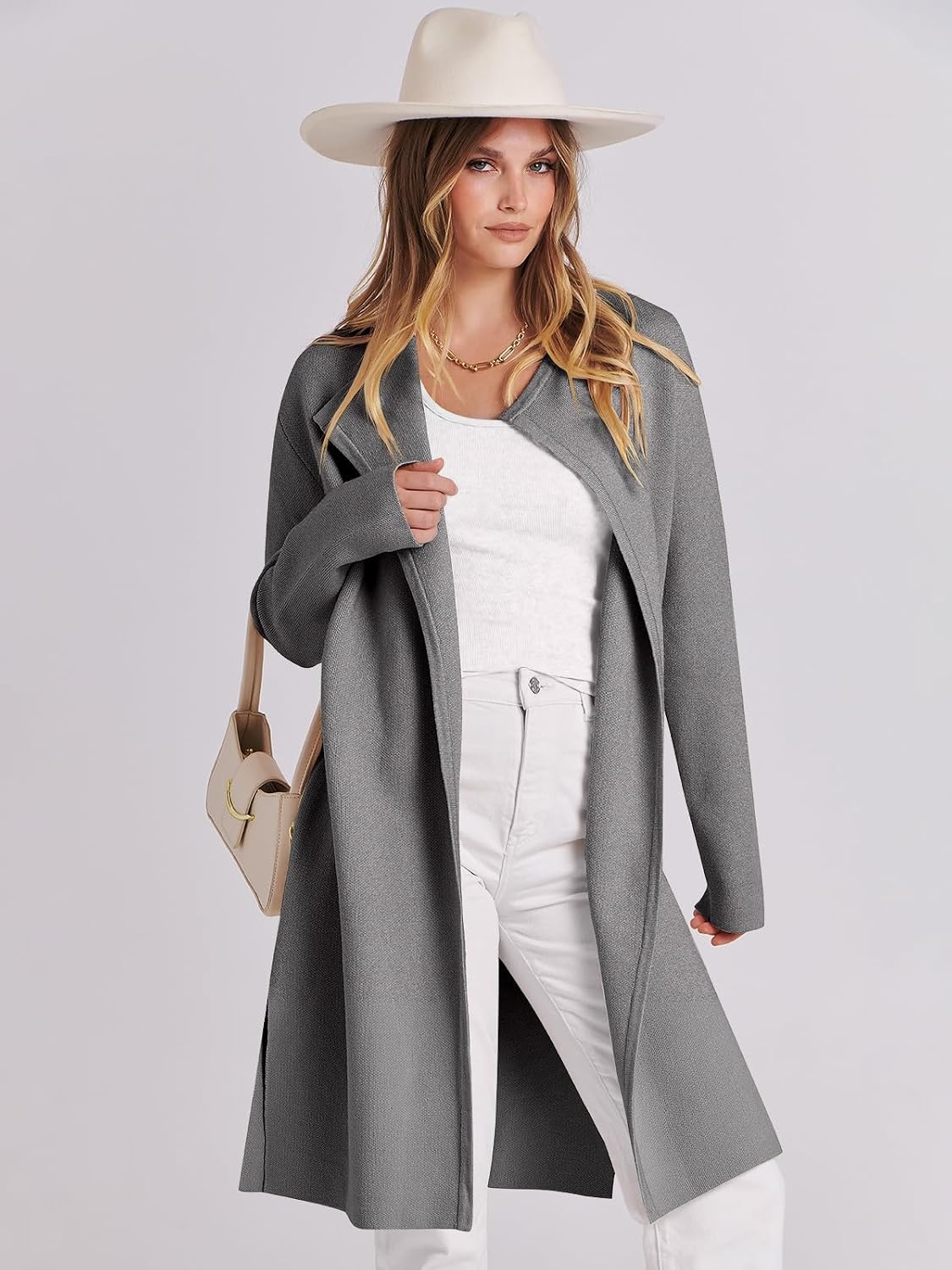 image:imageANRABESS Womens Long Cardigans Sweater 2026 Fall Dressy Casual Lapel Knit Warm Trench Coatigan Oversized Blazer Jacket CoatLight Grey