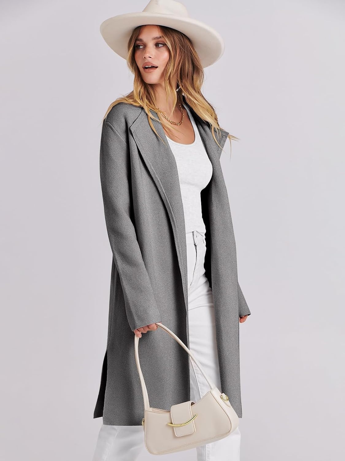 image:imageANRABESS Womens Long Cardigans Sweater 2026 Fall Dressy Casual Lapel Knit Warm Trench Coatigan Oversized Blazer Jacket CoatLight Grey