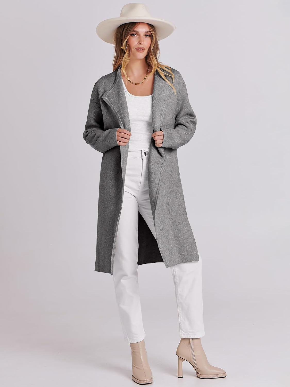 image:imageANRABESS Womens Long Cardigans Sweater 2026 Fall Dressy Casual Lapel Knit Warm Trench Coatigan Oversized Blazer Jacket CoatLight Grey