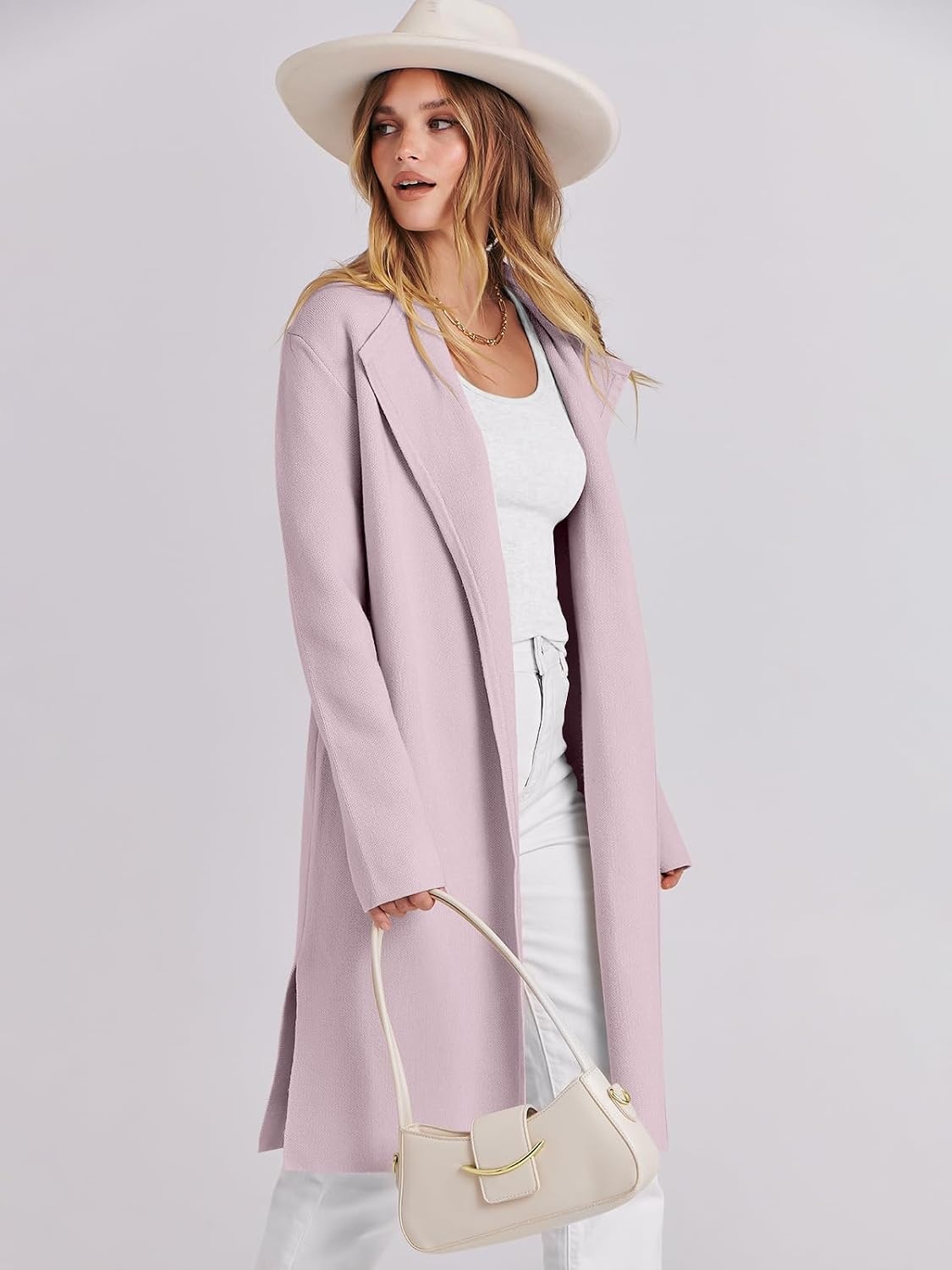 image:imageANRABESS Womens Long Cardigans Sweater 2026 Fall Dressy Casual Lapel Knit Warm Trench Coatigan Oversized Blazer Jacket CoatLight Pink
