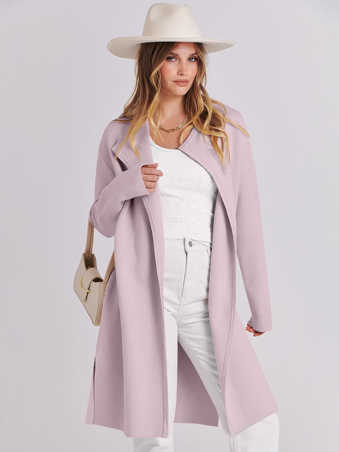 image:imageANRABESS Womens Long Cardigans Sweater 2026 Fall Dressy Casual Lapel Knit Warm Trench Coatigan Oversized Blazer Jacket CoatLight Pink